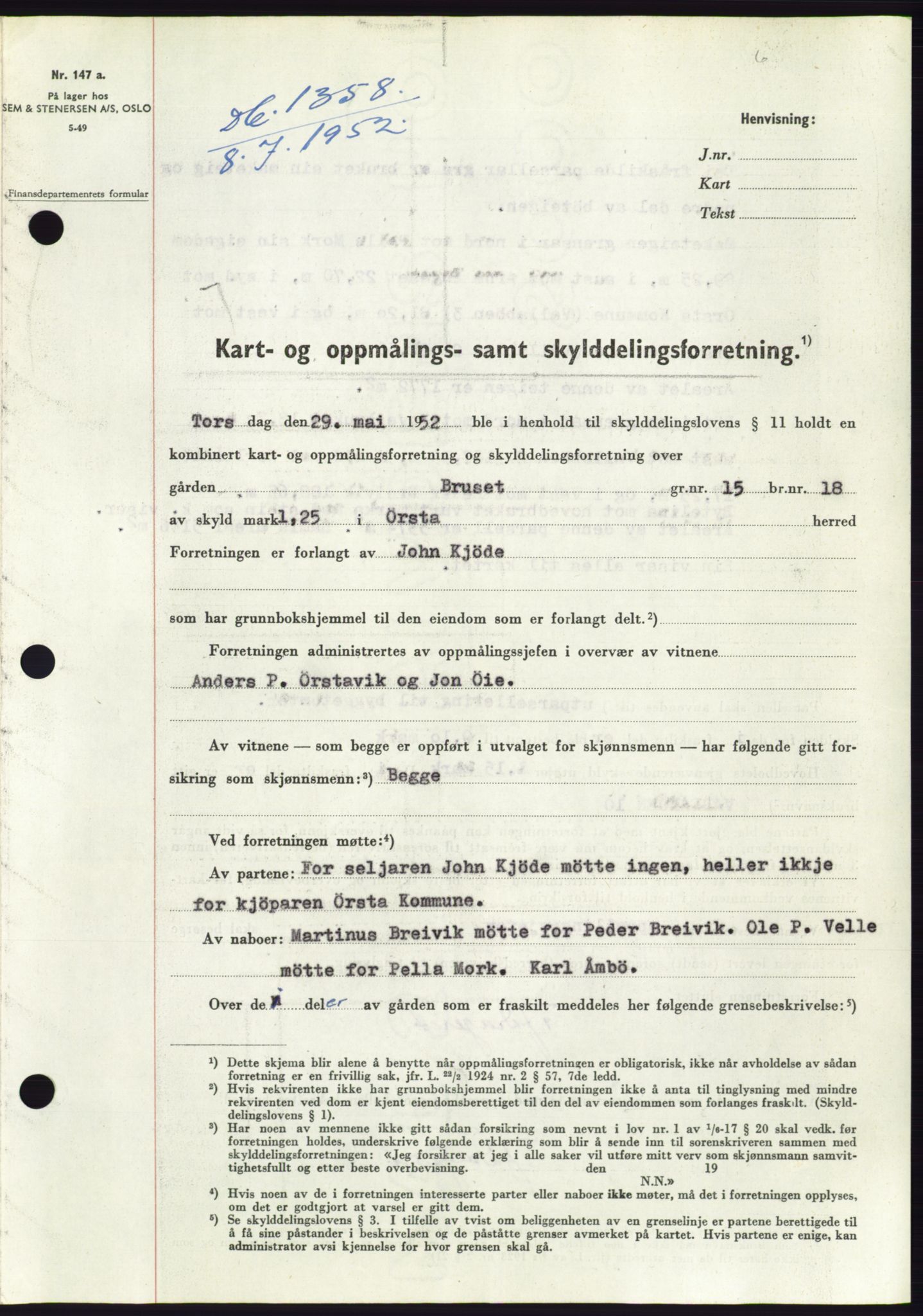 Søre Sunnmøre sorenskriveri, AV/SAT-A-4122/1/2/2C/L0092: Pantebok nr. 18A, 1952-1952, Dagboknr: 1358/1952