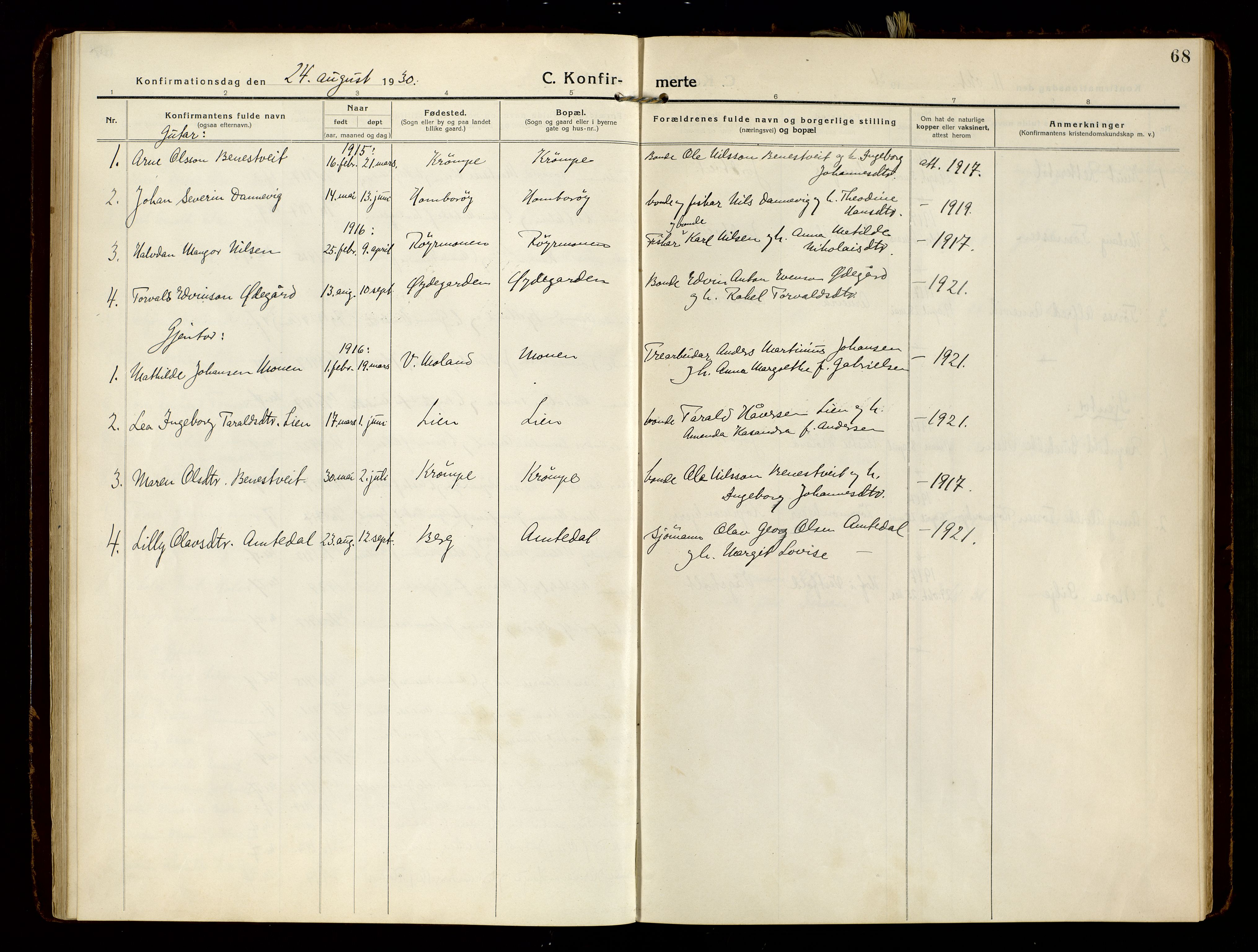 Hommedal sokneprestkontor, AV/SAK-1111-0023/F/Fa/Faa/L0004: Ministerialbok nr. A 4, 1916-1945, s. 68