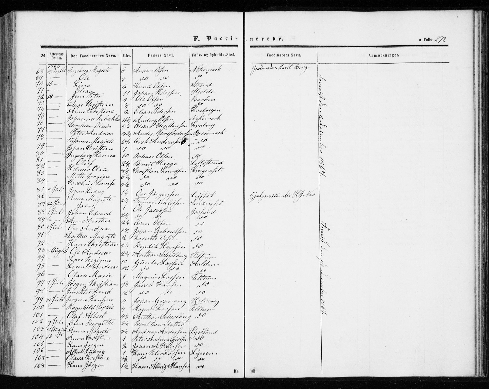 Ministerialprotokoller, klokkerbøker og fødselsregistre - Sør-Trøndelag, SAT/A-1456/655/L0678: Ministerialbok nr. 655A07, 1861-1873, s. 272