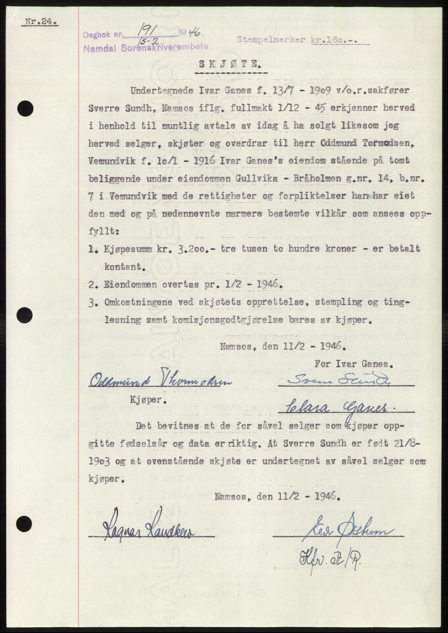 Namdal sorenskriveri, SAT/A-4133/1/2/2C: Pantebok nr. -, 1946-1946, Dagboknr: 191/1946