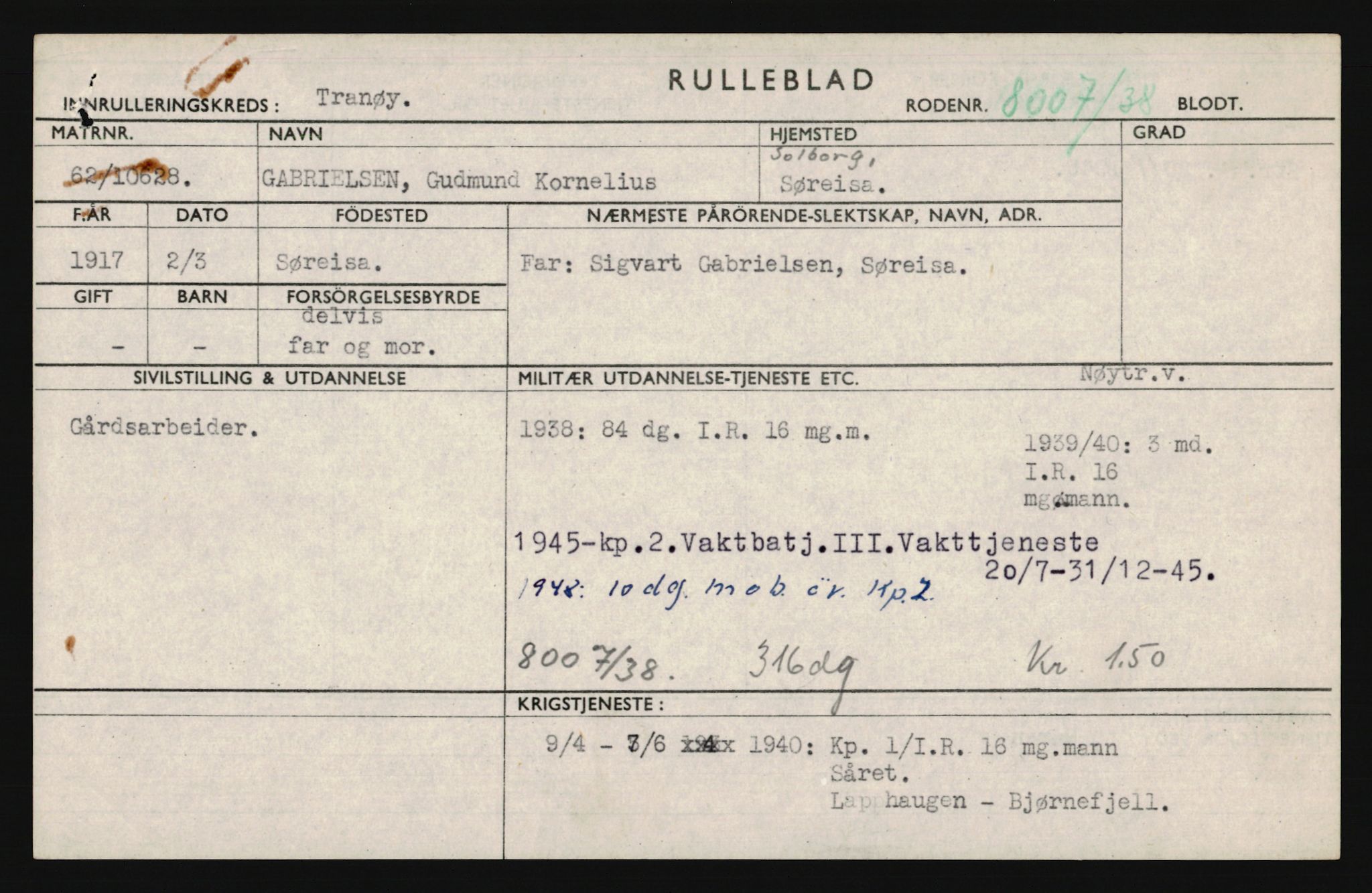 Forsvaret, Troms infanteriregiment nr. 16, AV/RA-RAFA-3146/P/Pa/L0022: Rulleblad for regimentets menige mannskaper, årsklasse 1938, 1938, s. 317