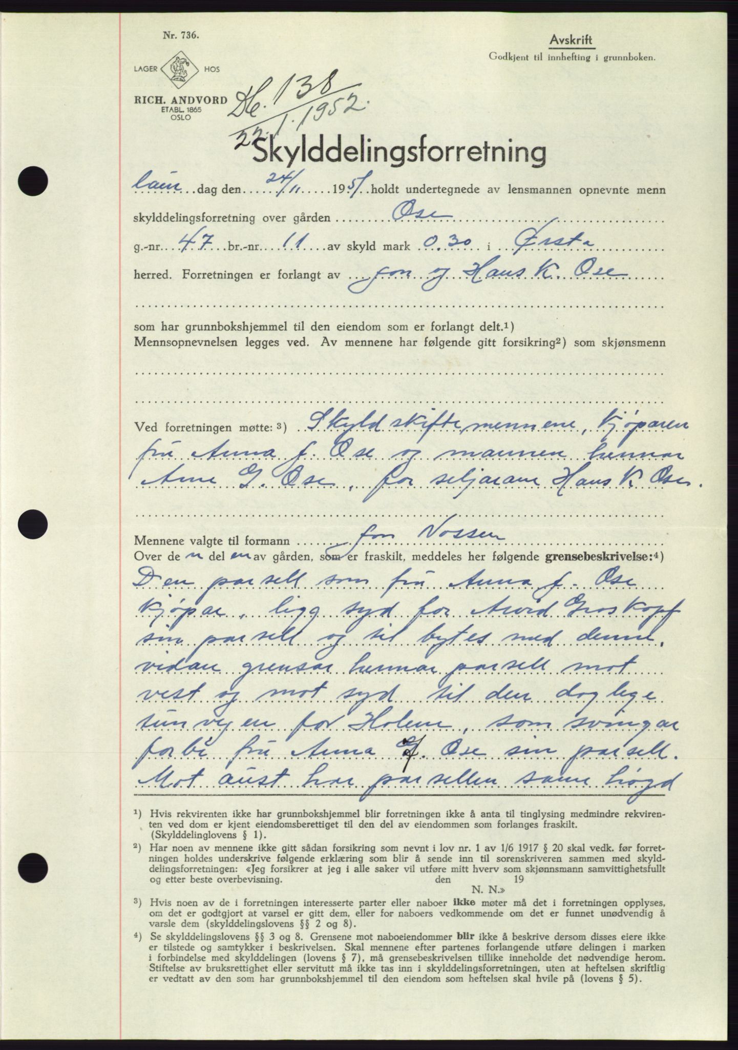 Søre Sunnmøre sorenskriveri, SAT/A-4122/1/2/2C/L0091: Pantebok nr. 17A, 1951-1952, Dagboknr: 138/1952