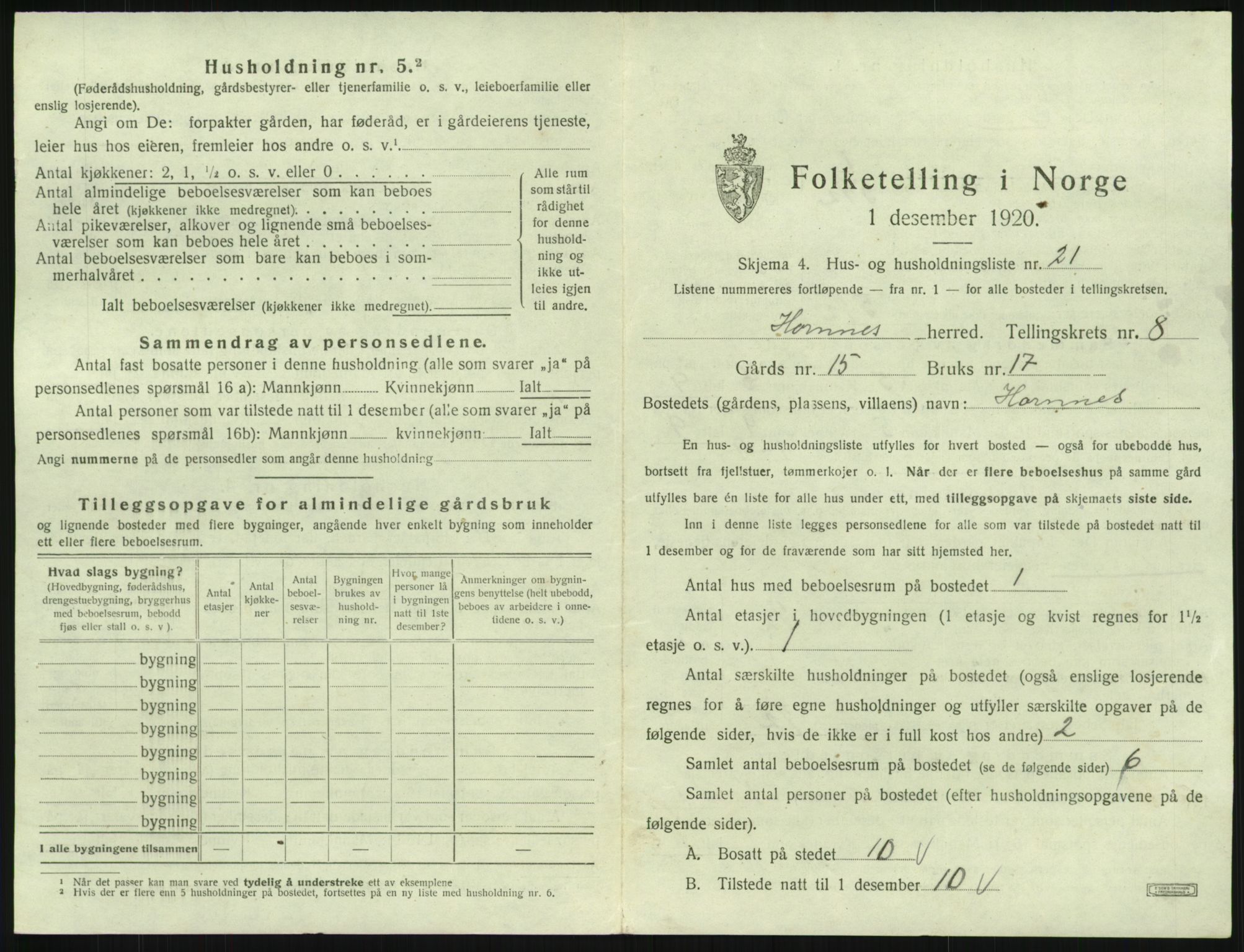 SAK, Folketelling 1920 for 0936 Hornnes herred, 1920, s. 335