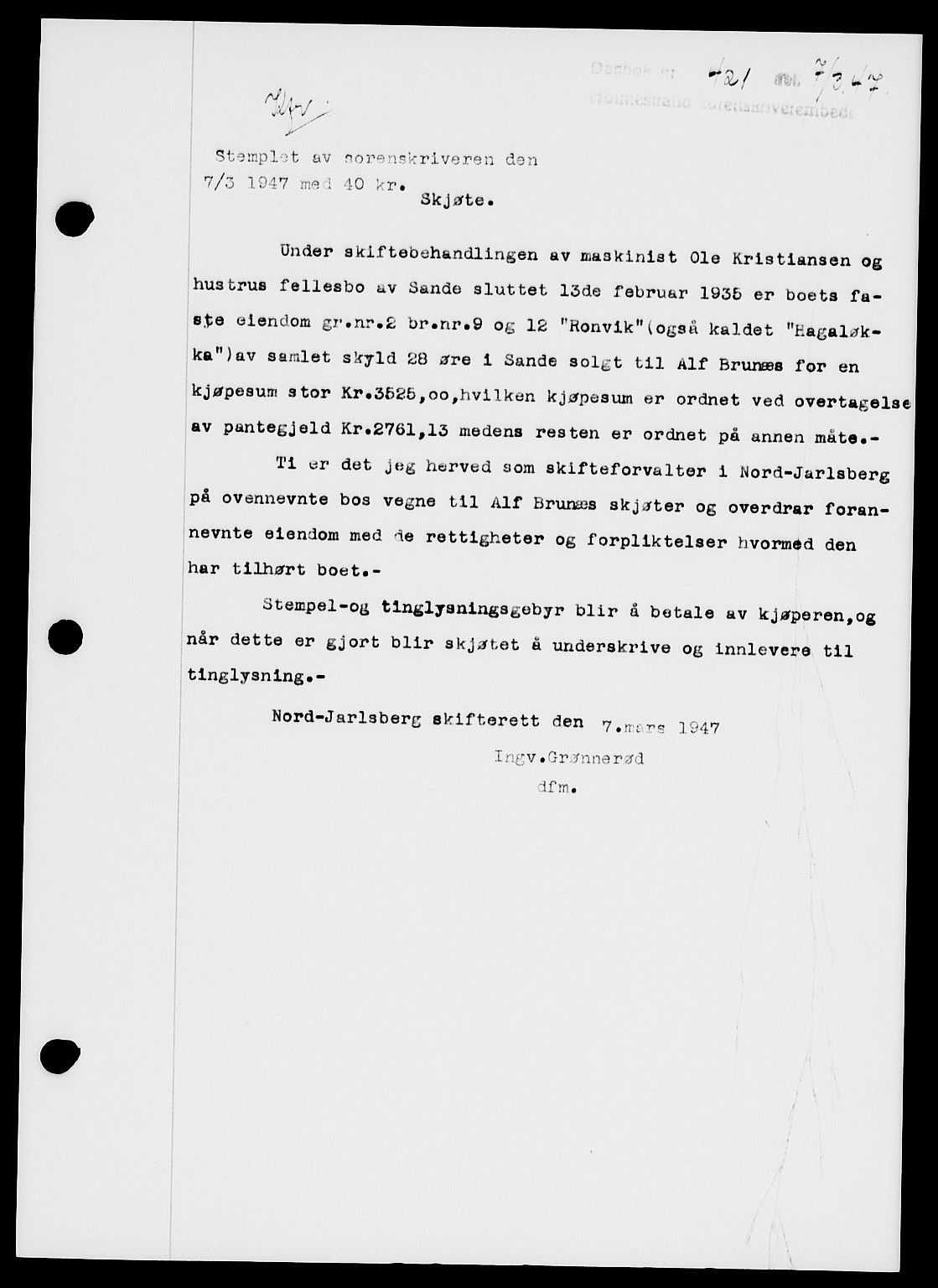 Holmestrand sorenskriveri, SAKO/A-67/G/Ga/Gaa/L0061: Pantebok nr. A-61, 1946-1947, Dagboknr: 421/1947