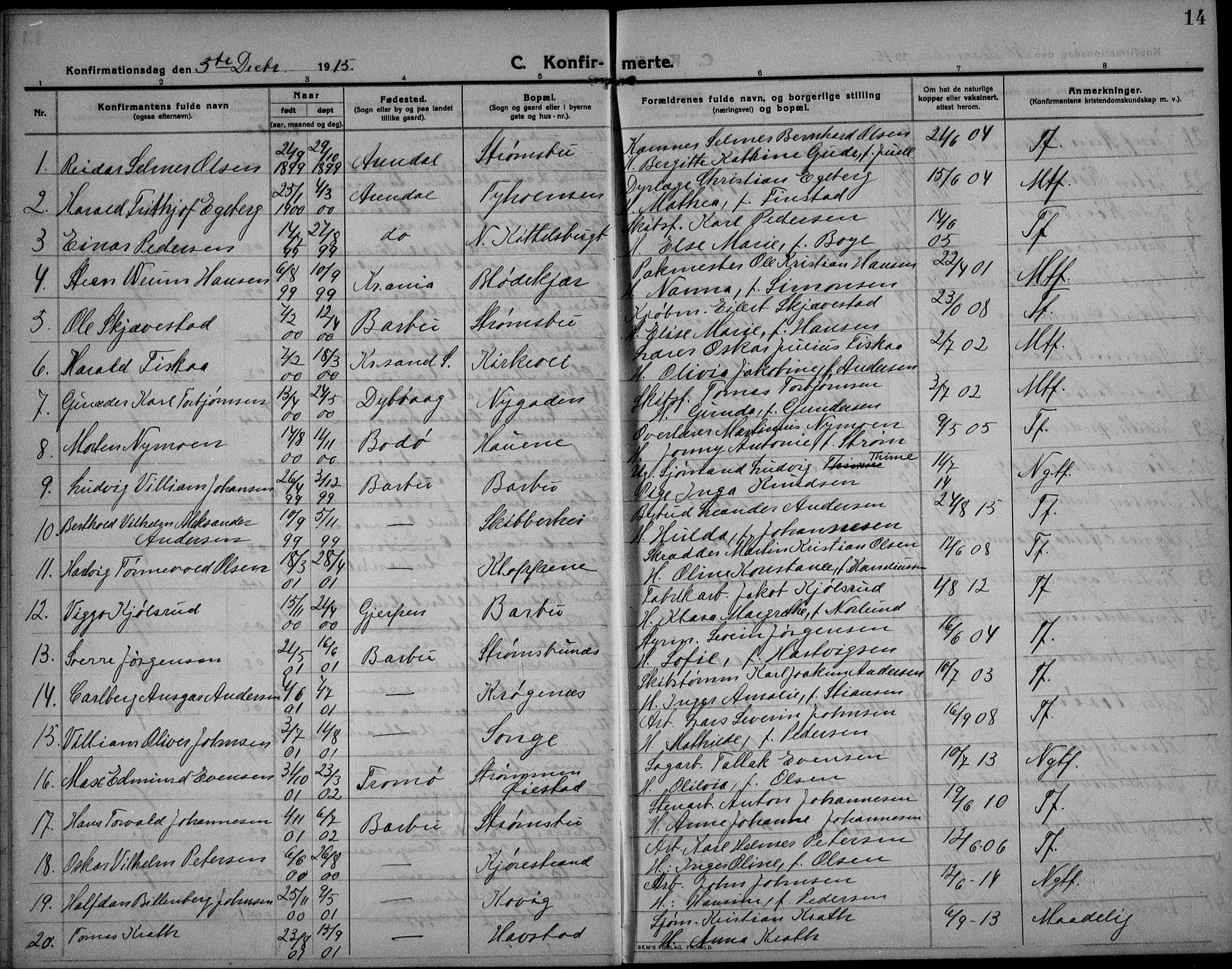 Barbu sokneprestkontor, AV/SAK-1111-0003/F/Fb/L0004: Klokkerbok nr. B 4, 1911-1936, s. 14