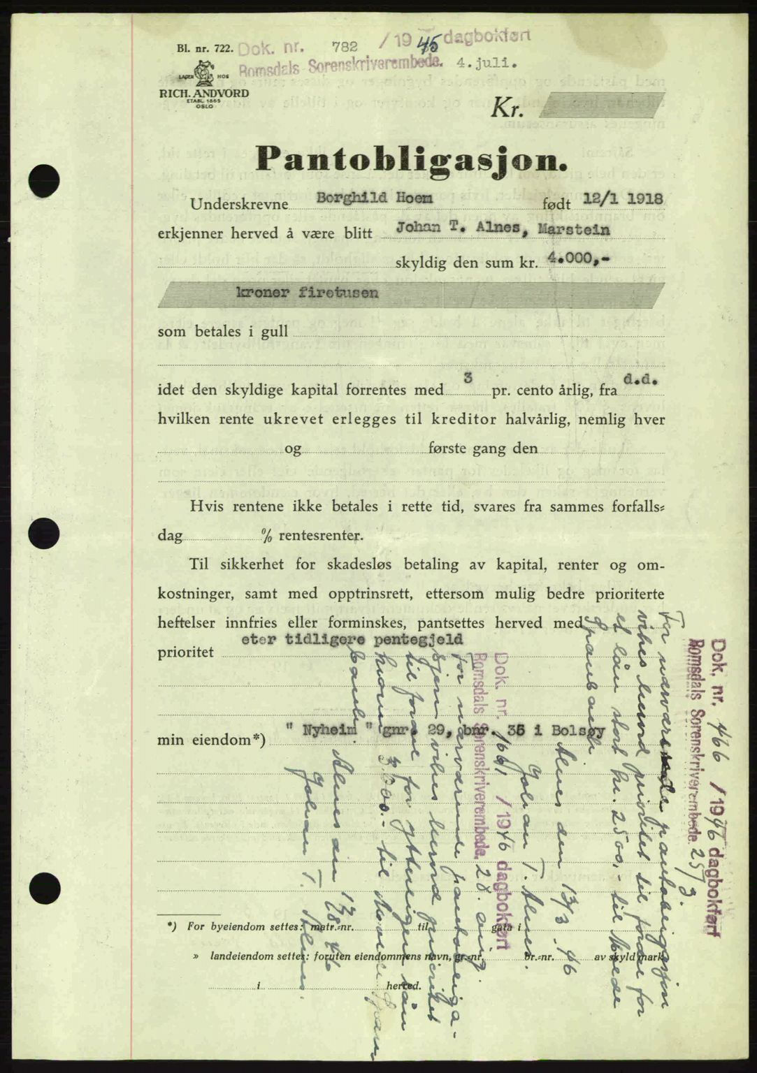 Romsdal sorenskriveri, SAT/A-4149/1/2/2C: Pantebok nr. B2, 1939-1945, Dagboknr: 782/1945