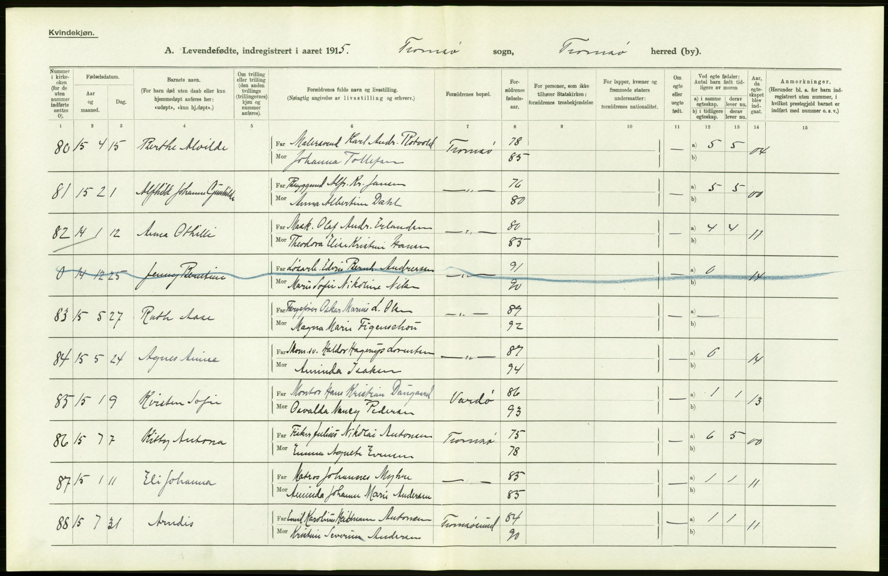 Statistisk sentralbyrå, Sosiodemografiske emner, Befolkning, AV/RA-S-2228/D/Df/Dfb/Dfbe/L0051: Tromsø amt: Levendefødte menn og kvinner. Bygder og byer., 1915, s. 20