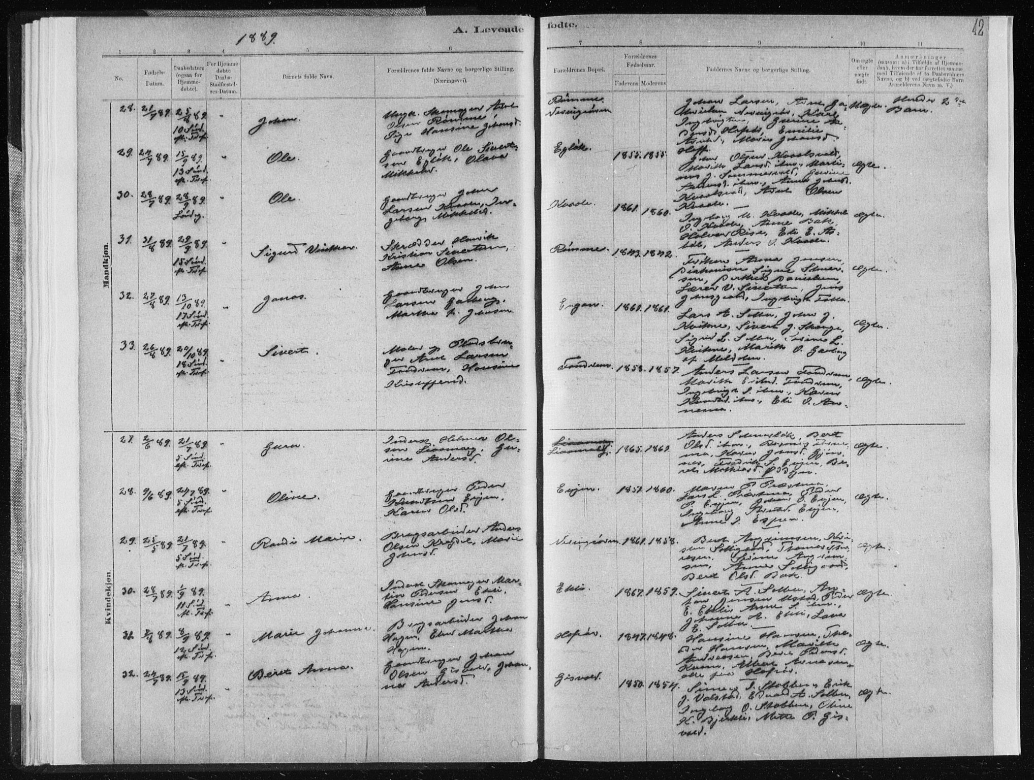 Ministerialprotokoller, klokkerbøker og fødselsregistre - Sør-Trøndelag, AV/SAT-A-1456/668/L0818: Klokkerbok nr. 668C07, 1885-1898, s. 42