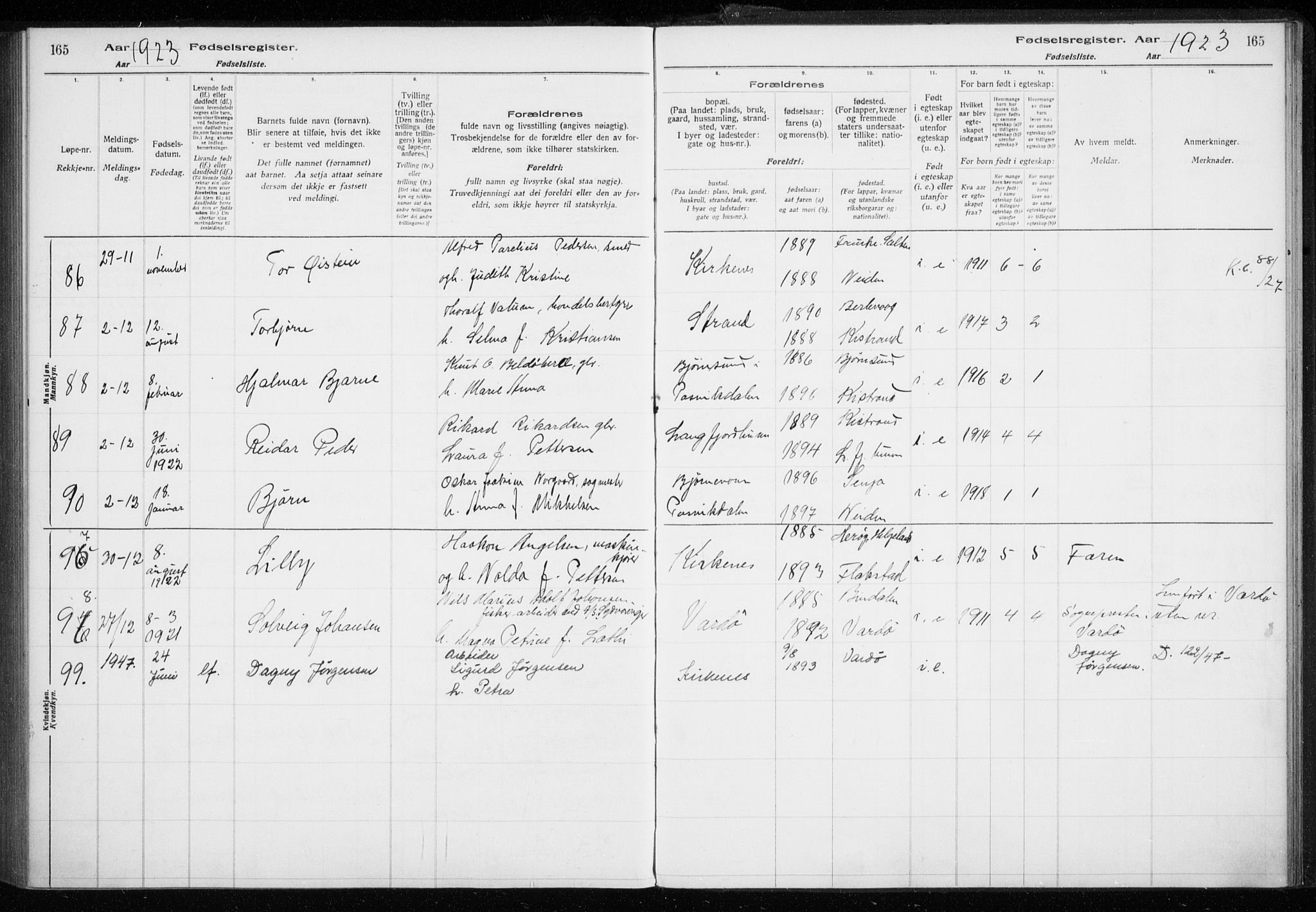 Sør-Varanger sokneprestkontor, AV/SATØ-S-1331/I/Ia/L0016: Fødselsregister nr. 16, 1915-1925, s. 165