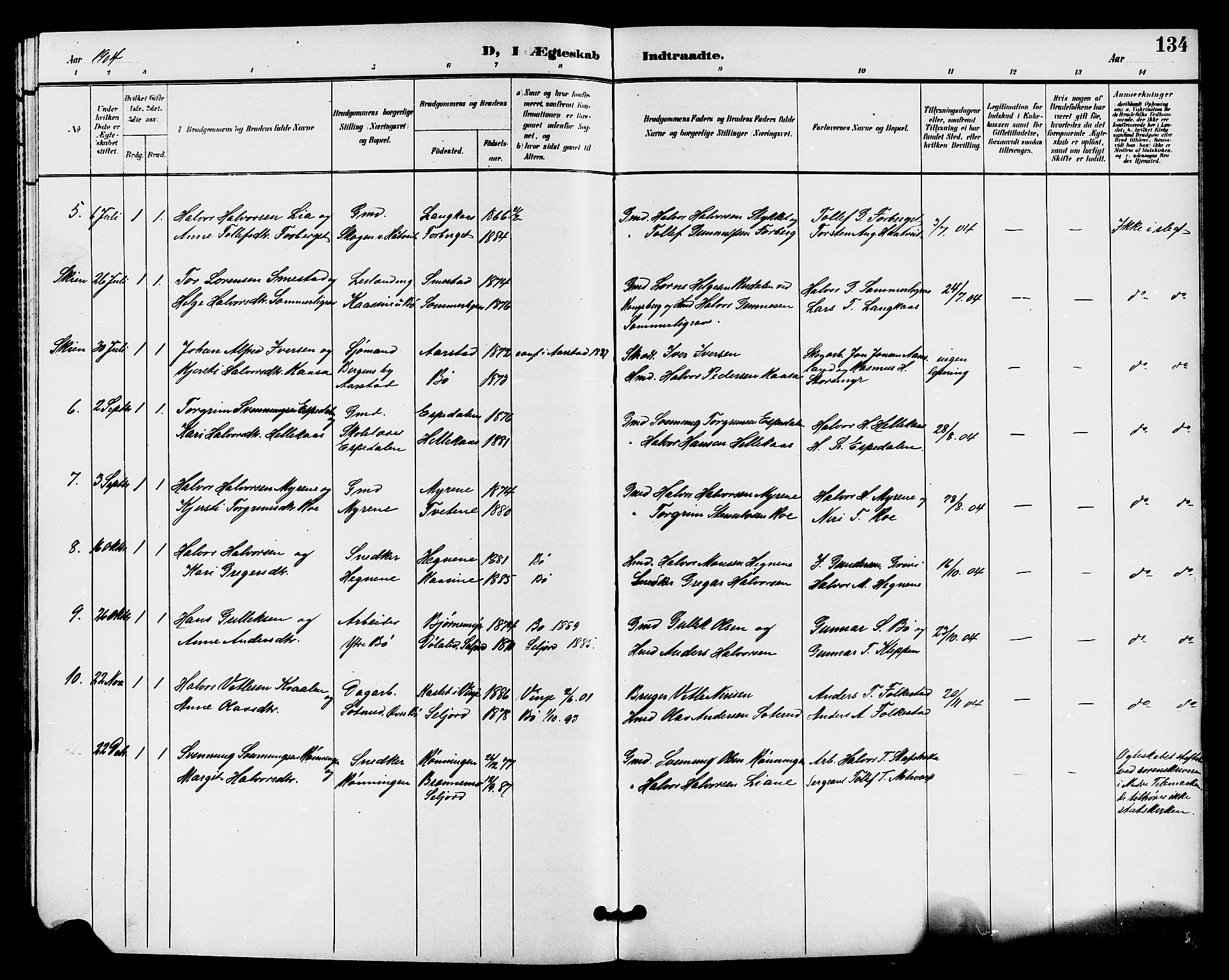 Bø kirkebøker, AV/SAKO-A-257/G/Ga/L0006: Klokkerbok nr. 6, 1898-1909, s. 134