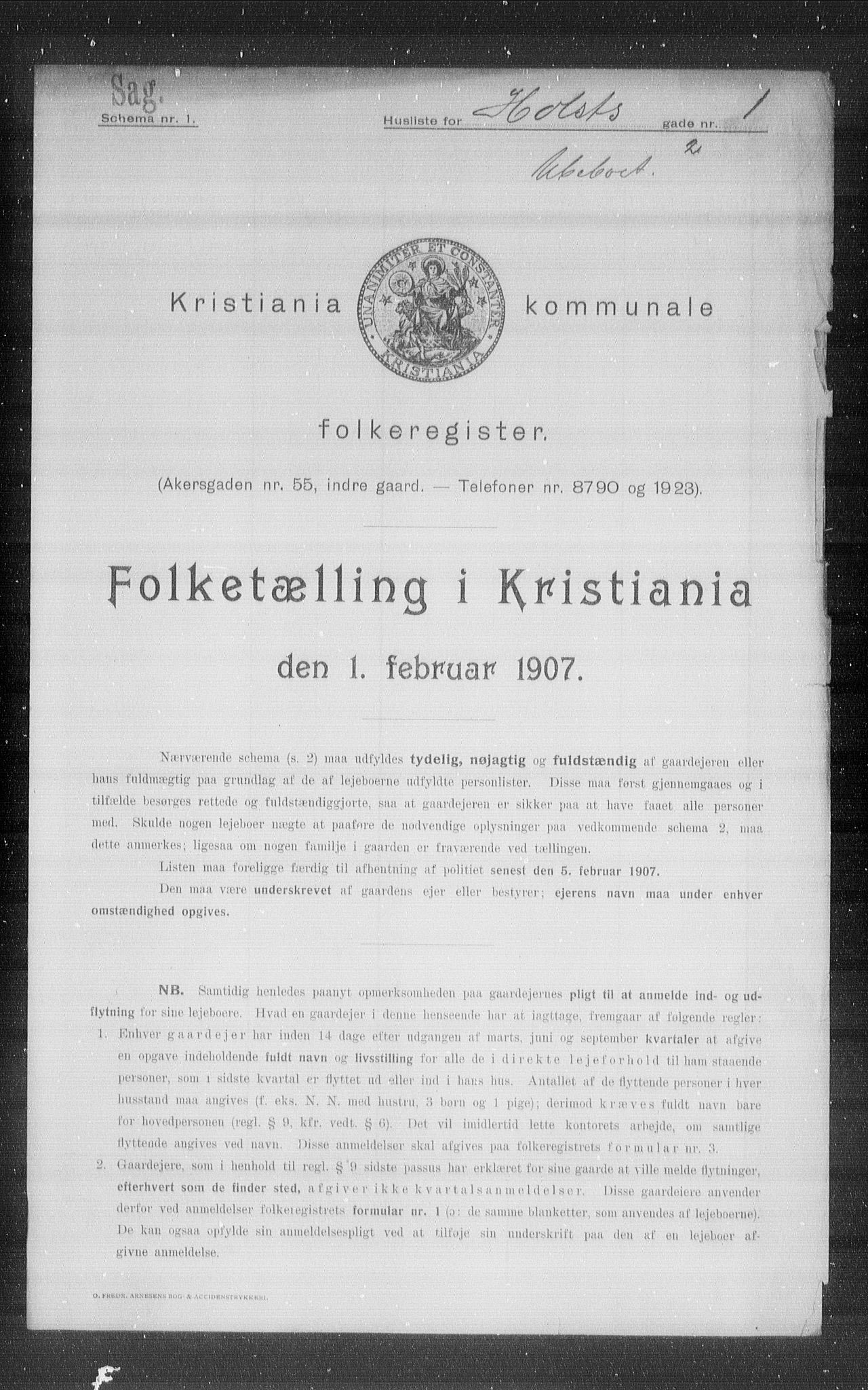 OBA, Kommunal folketelling 1.2.1907 for Kristiania kjøpstad, 1907, s. 21001
