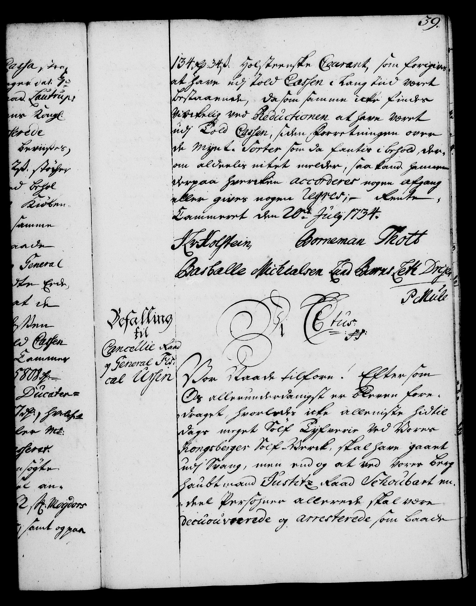 Rentekammeret, Kammerkanselliet, RA/EA-3111/G/Gg/Gga/L0004: Norsk ekspedisjonsprotokoll med register (merket RK 53.4), 1734-1741, s. 39