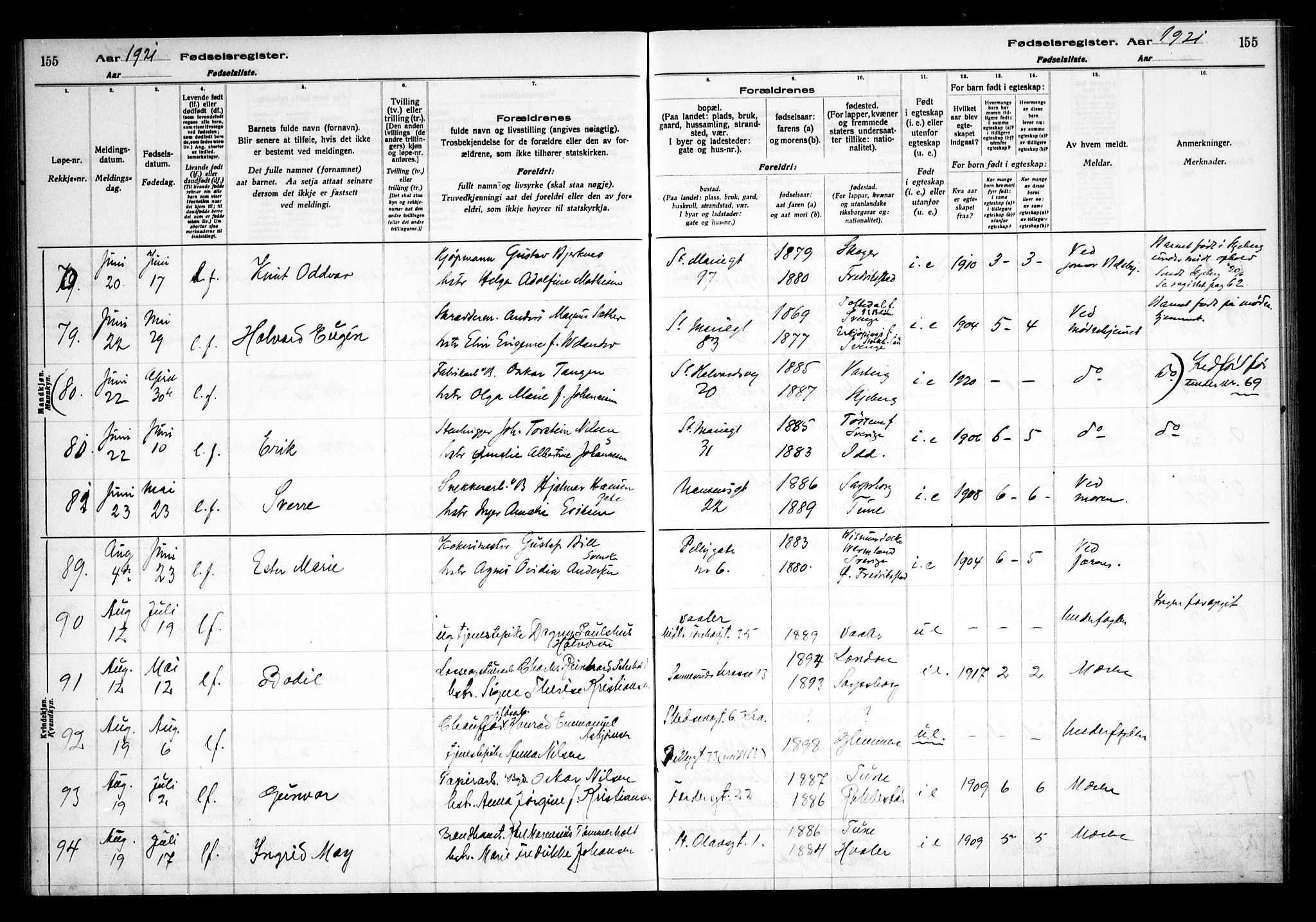 Sarpsborg prestekontor Kirkebøker, SAO/A-2006/J/Ja/L0001: Fødselsregister nr. 1, 1916-1922, s. 155