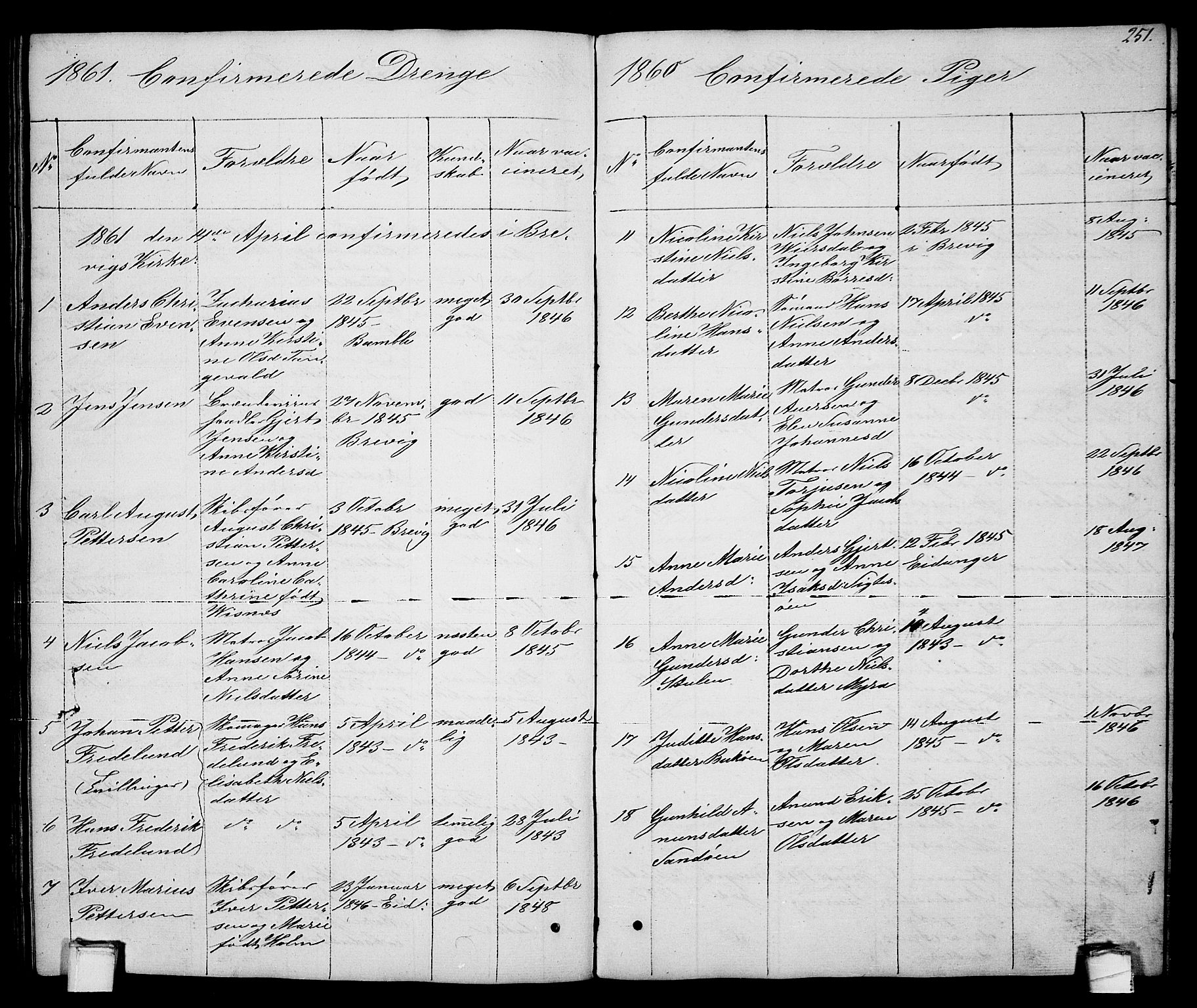 Brevik kirkebøker, AV/SAKO-A-255/G/Ga/L0002: Klokkerbok nr. 2, 1846-1865, s. 251