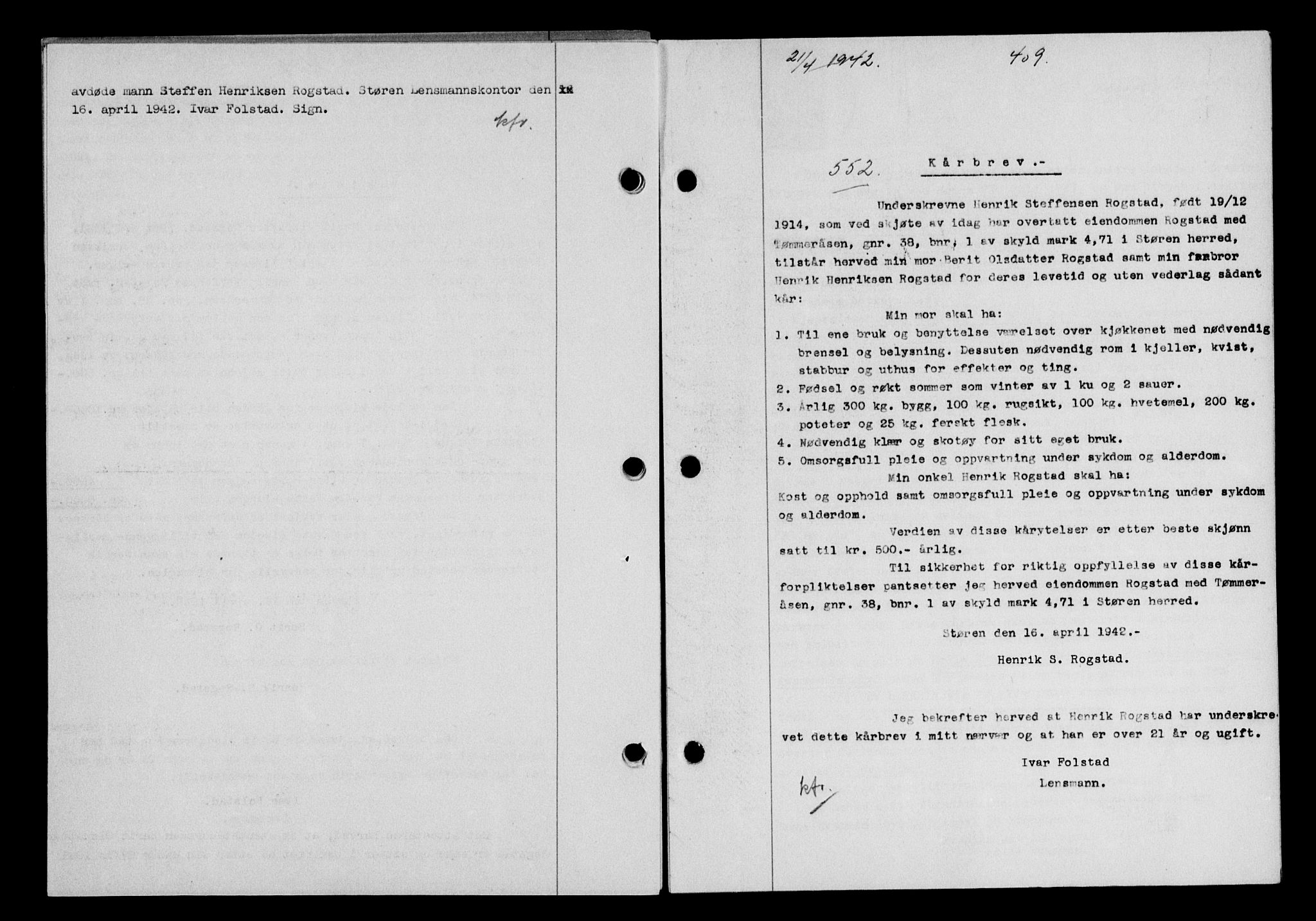 Gauldal sorenskriveri, SAT/A-0014/1/2/2C/L0054: Pantebok nr. 59, 1941-1942, Dagboknr: 552/1942