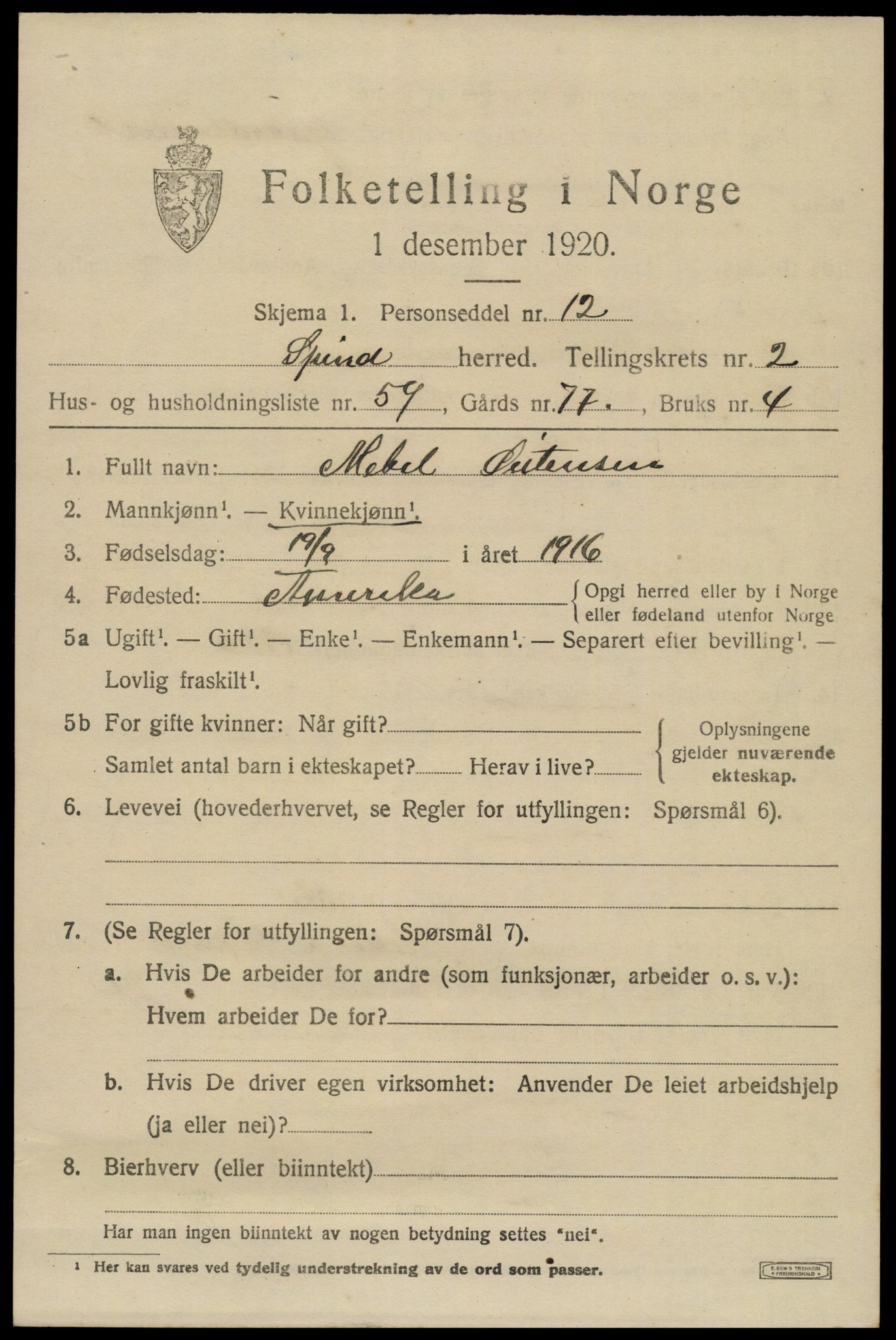 SAK, Folketelling 1920 for 1040 Spind herred, 1920, s. 1633
