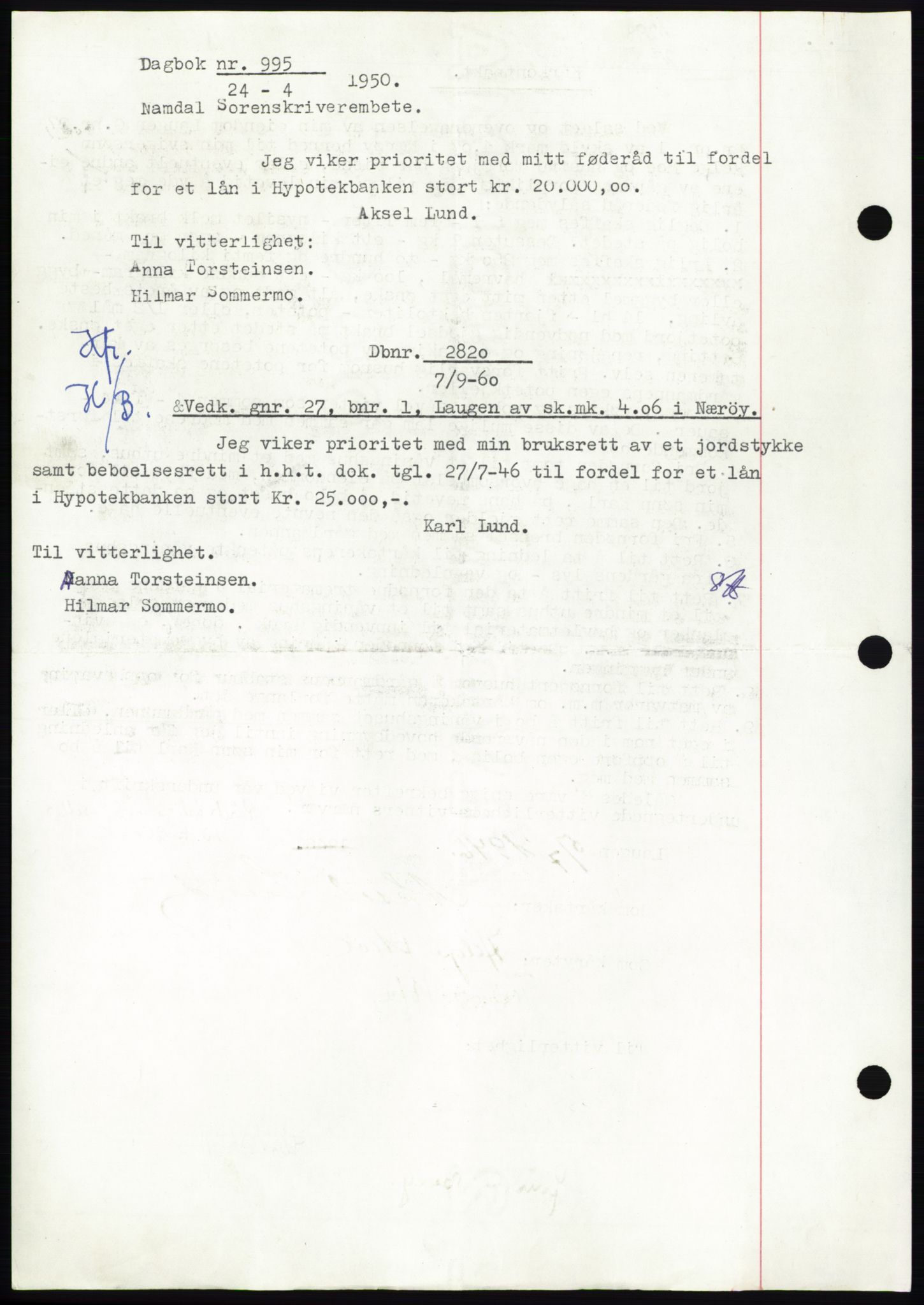 Namdal sorenskriveri, SAT/A-4133/1/2/2C: Pantebok nr. -, 1946-1946, Dagboknr: 995/1946