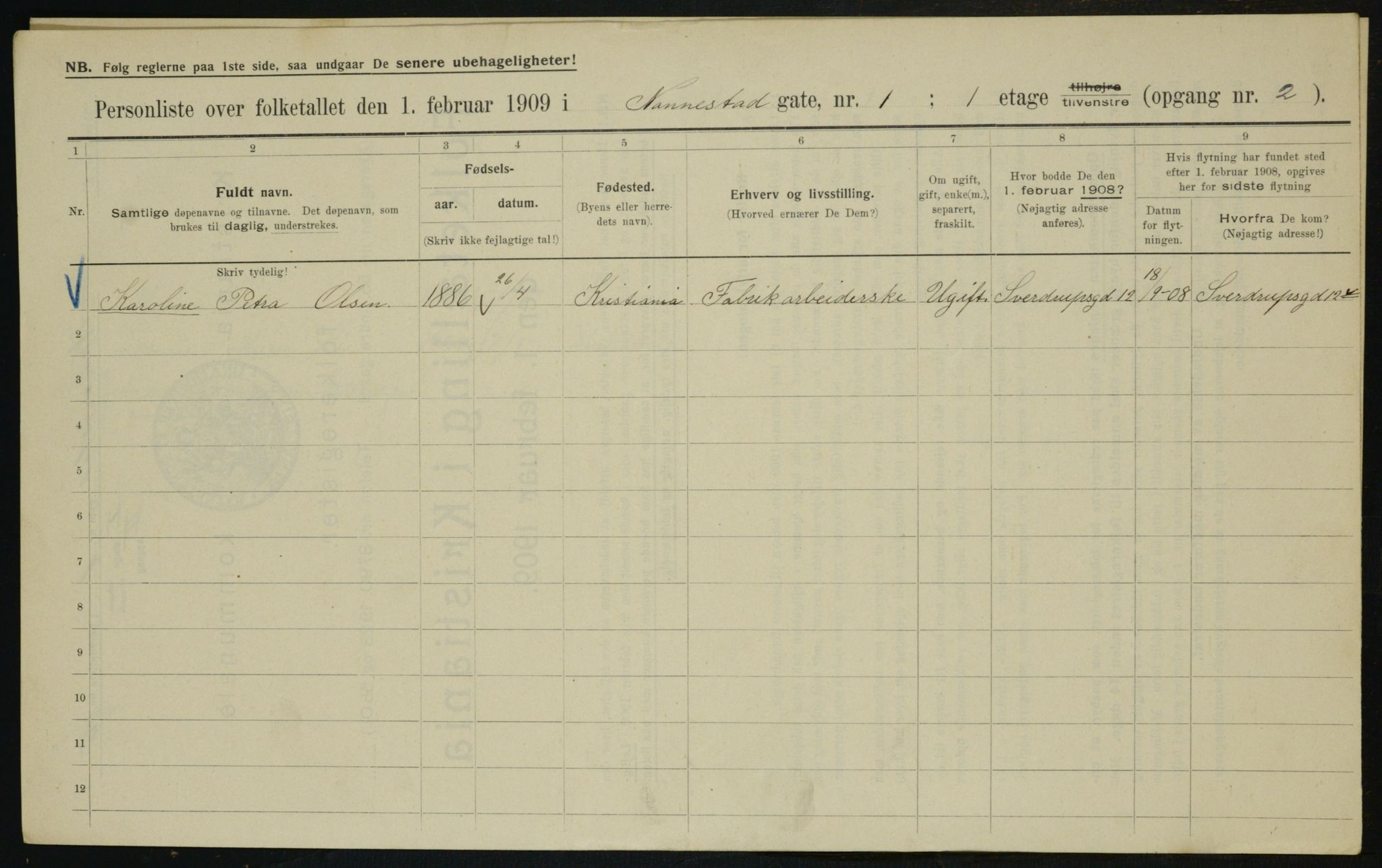 OBA, Kommunal folketelling 1.2.1909 for Kristiania kjøpstad, 1909, s. 62567