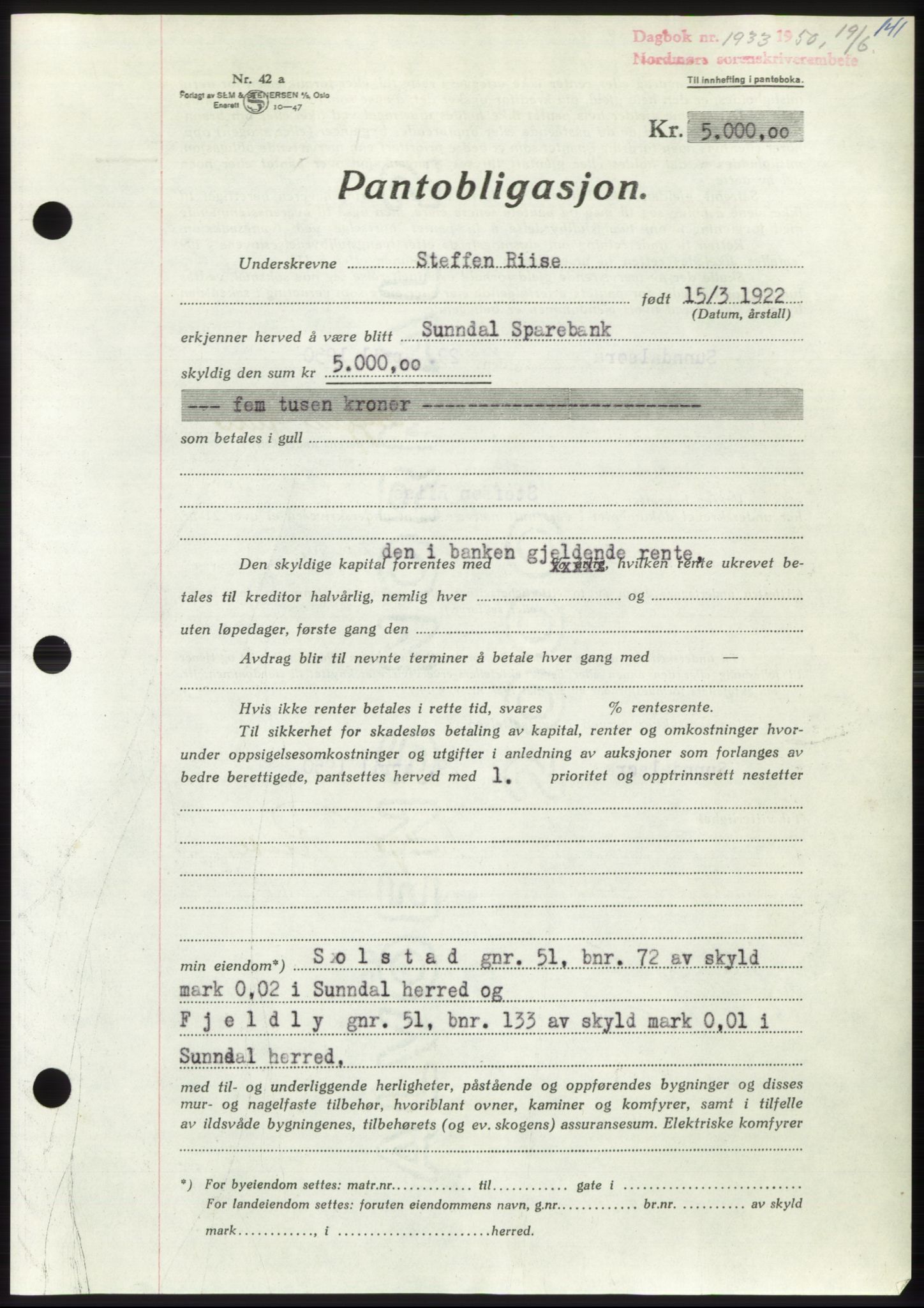 Nordmøre sorenskriveri, AV/SAT-A-4132/1/2/2Ca: Pantebok nr. B105, 1950-1950, Dagboknr: 1933/1950