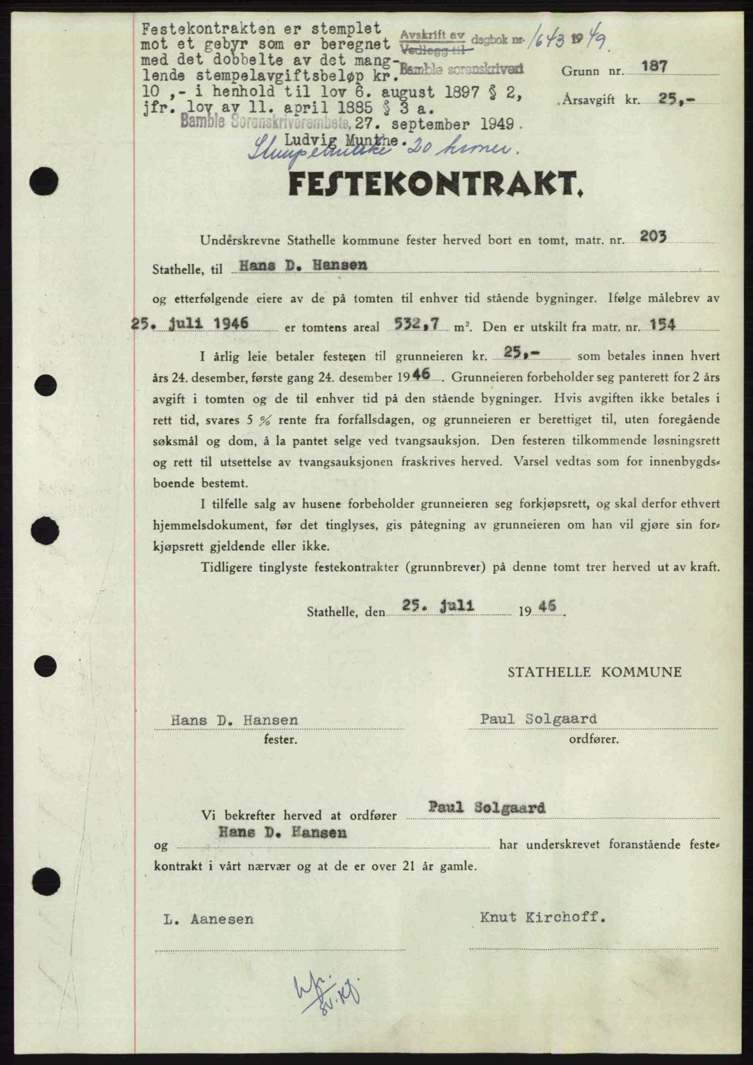 Bamble sorenskriveri, SAKO/A-214/G/Ga/Gag/L0015: Pantebok nr. A-15, 1949-1949, Dagboknr: 1643/1949