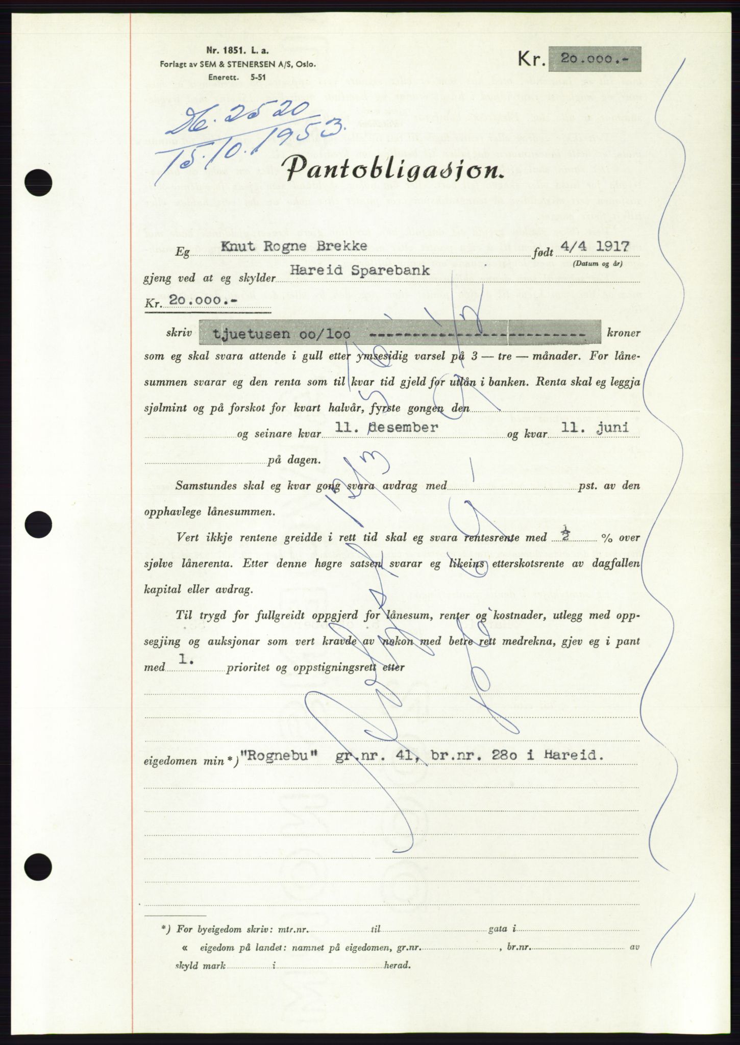 Søre Sunnmøre sorenskriveri, SAT/A-4122/1/2/2C/L0124: Pantebok nr. 12B, 1953-1954, Dagboknr: 2520/1953