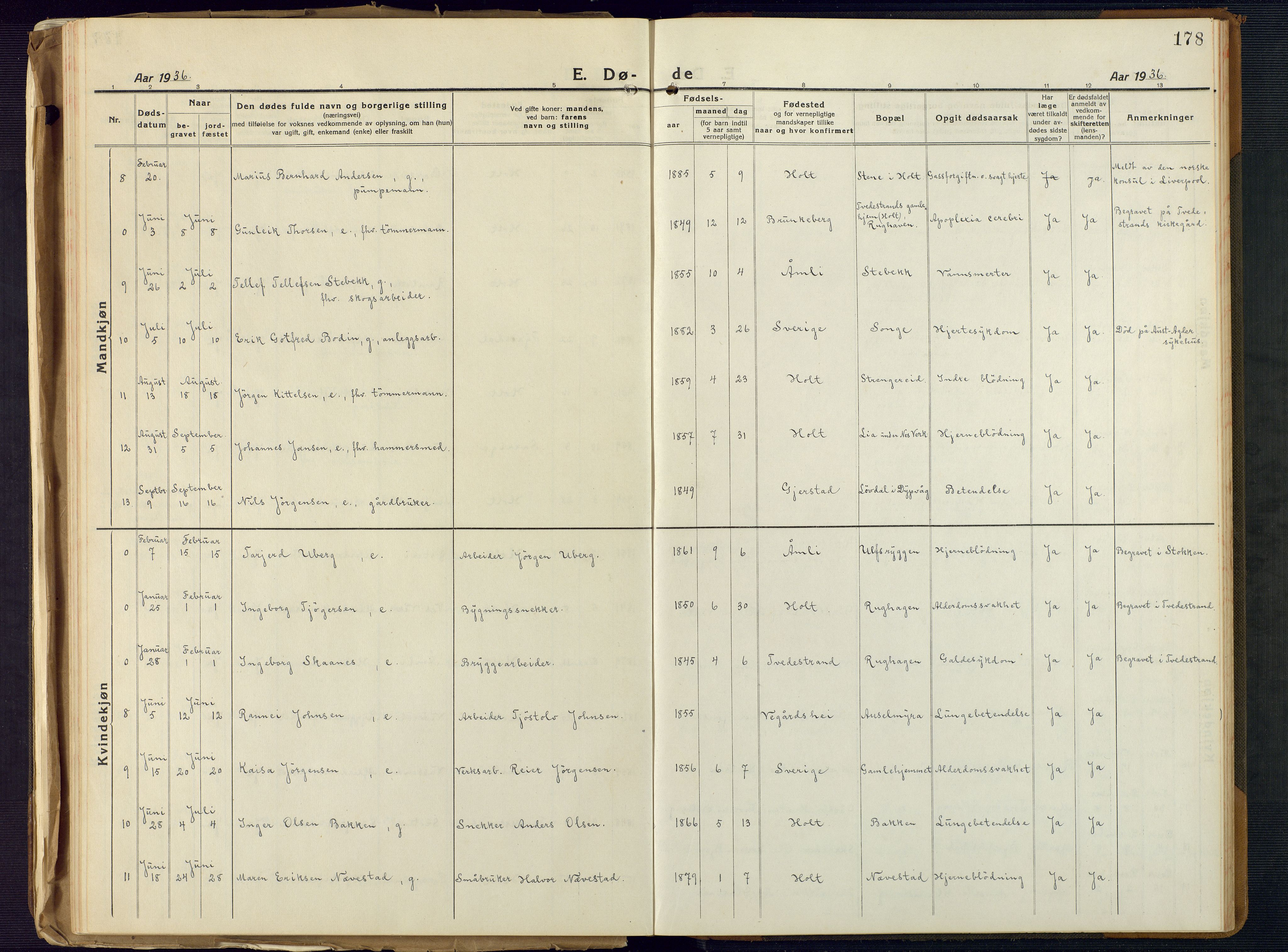 Holt sokneprestkontor, SAK/1111-0021/F/Fb/L0012: Klokkerbok nr. B 12, 1919-1944, s. 178