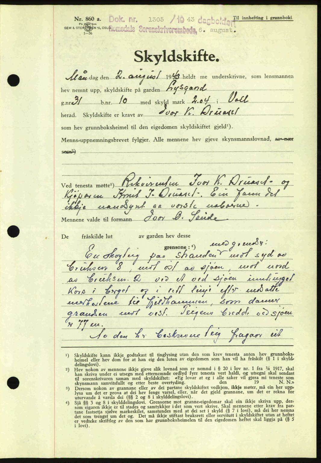 Romsdal sorenskriveri, SAT/A-4149/1/2/2C: Pantebok nr. A14, 1943-1943, Dagboknr: 1305/1943