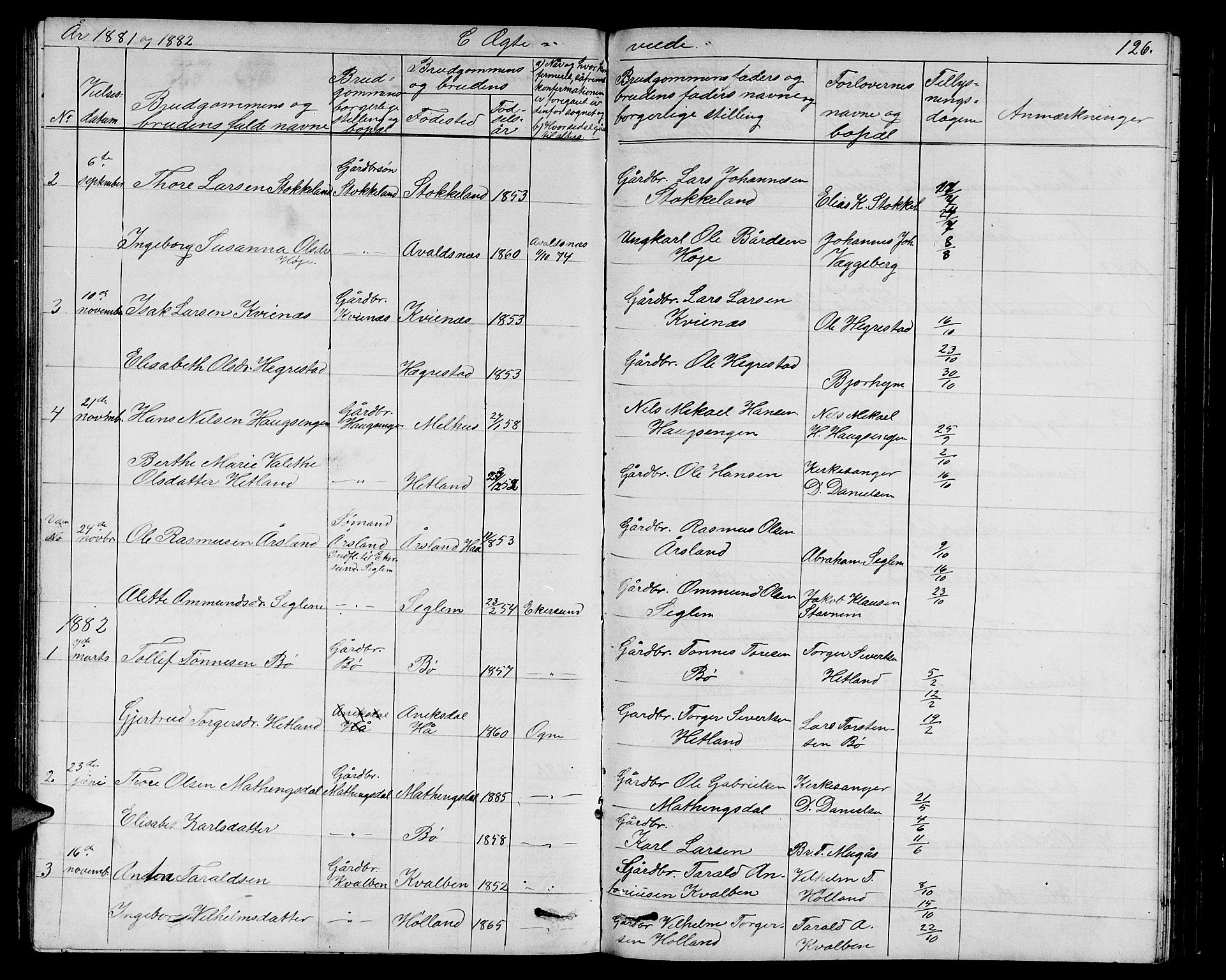 Eigersund sokneprestkontor, AV/SAST-A-101807/001/30/30BB/L0006: Klokkerbok nr. B 6, 1876-1889, s. 126