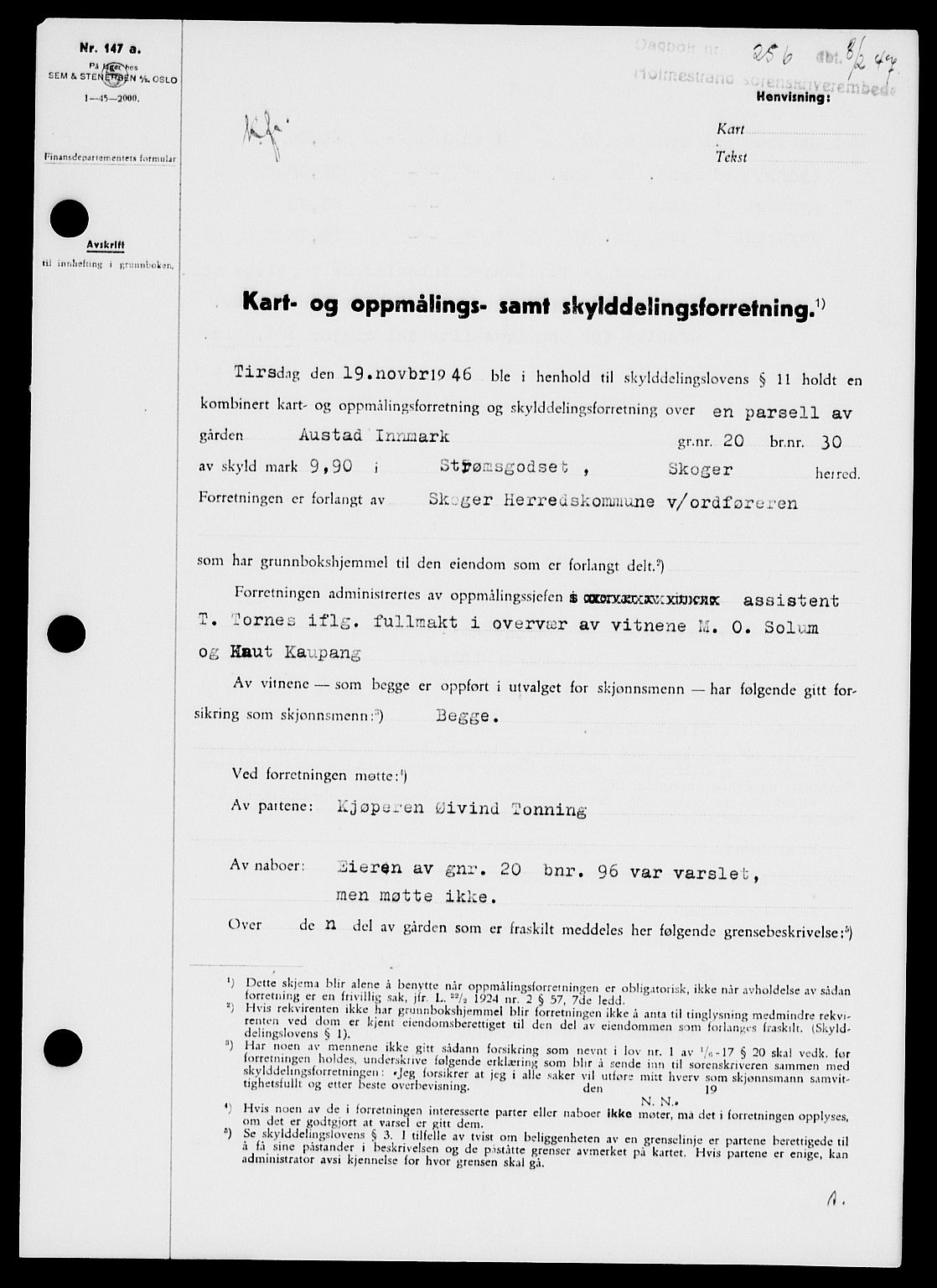 Holmestrand sorenskriveri, SAKO/A-67/G/Ga/Gaa/L0061: Pantebok nr. A-61, 1946-1947, Dagboknr: 256/1947