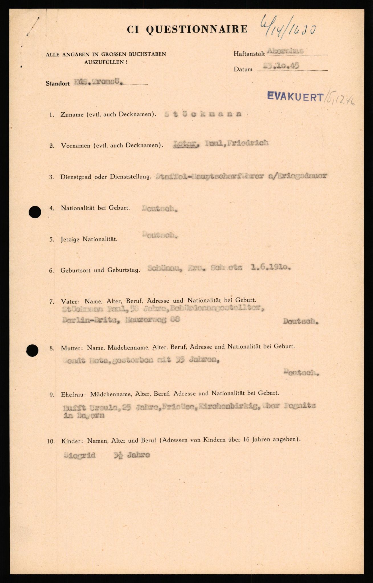 Forsvaret, Forsvarets overkommando II, AV/RA-RAFA-3915/D/Db/L0033: CI Questionaires. Tyske okkupasjonsstyrker i Norge. Tyskere., 1945-1946, s. 295