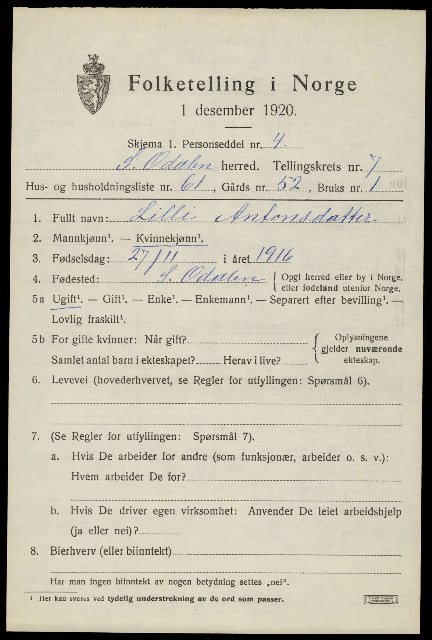 SAH, Folketelling 1920 for 0419 Sør-Odal herred, 1920, s. 9281