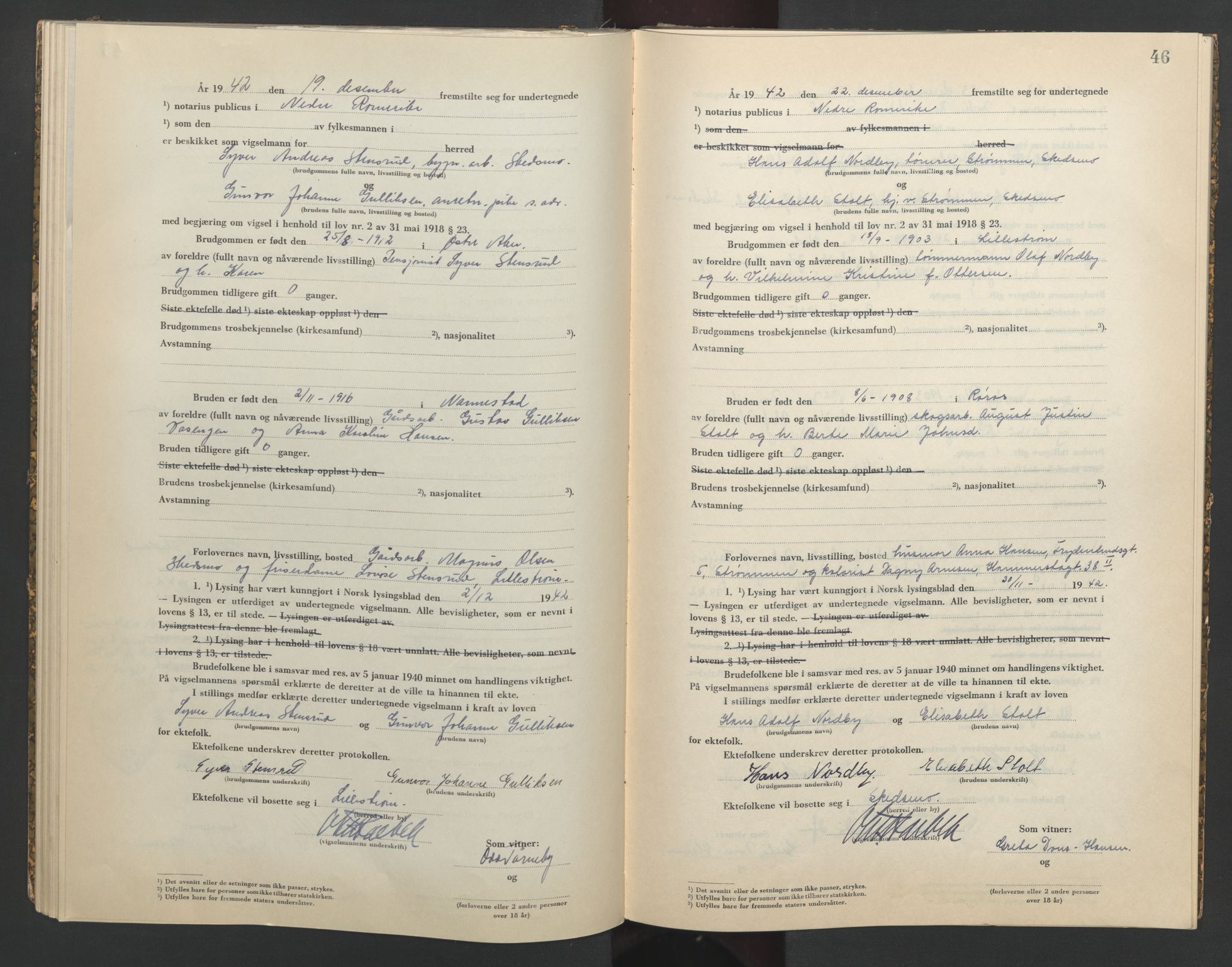 Nedre Romerike sorenskriveri, SAO/A-10469/L/Lb/L0003: Vigselsbok - borgerlige vielser, 1942-1943, s. 46