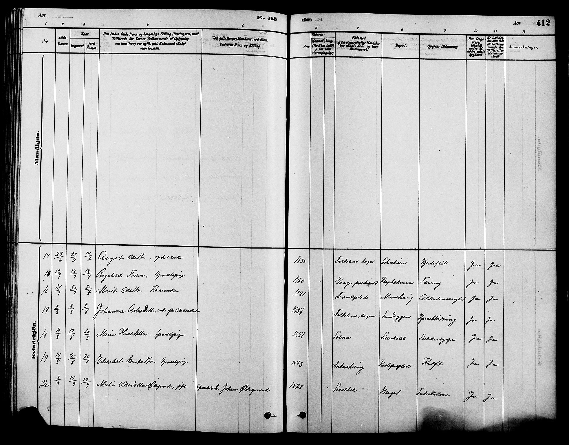 Alvdal prestekontor, AV/SAH-PREST-060/H/Ha/Hab/L0003: Klokkerbok nr. 3, 1878-1907, s. 412