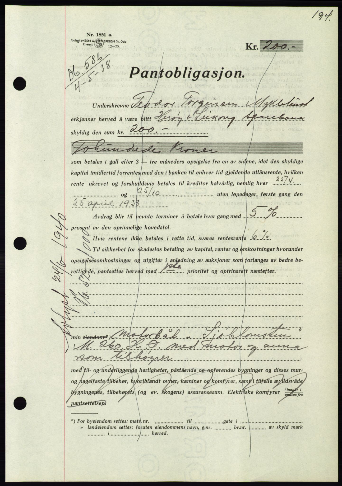 Søre Sunnmøre sorenskriveri, AV/SAT-A-4122/1/2/2C/L0065: Pantebok nr. 59, 1938-1938, Dagboknr: 586/1938