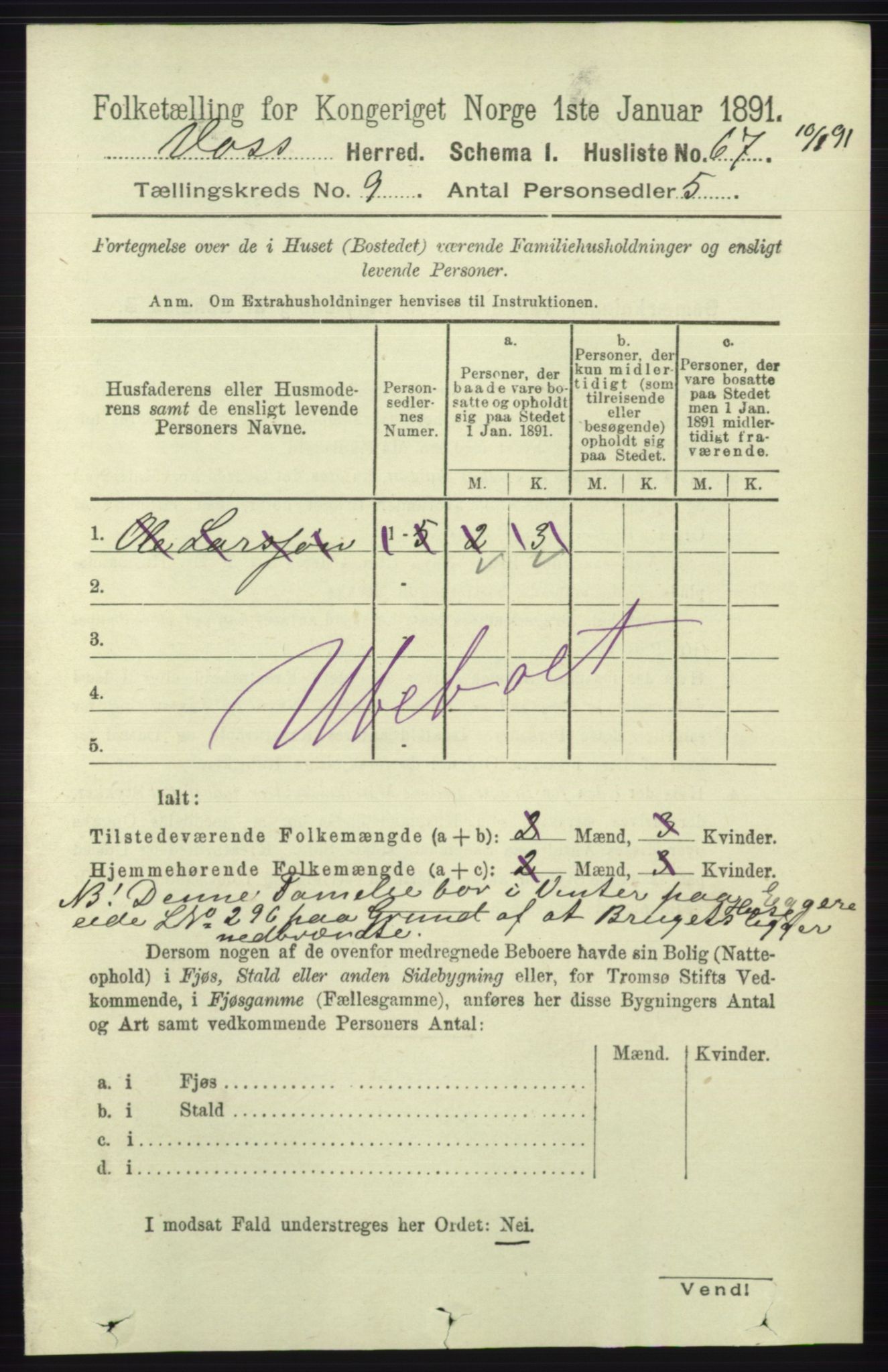 RA, Folketelling 1891 for 1235 Voss herred, 1891, s. 4710