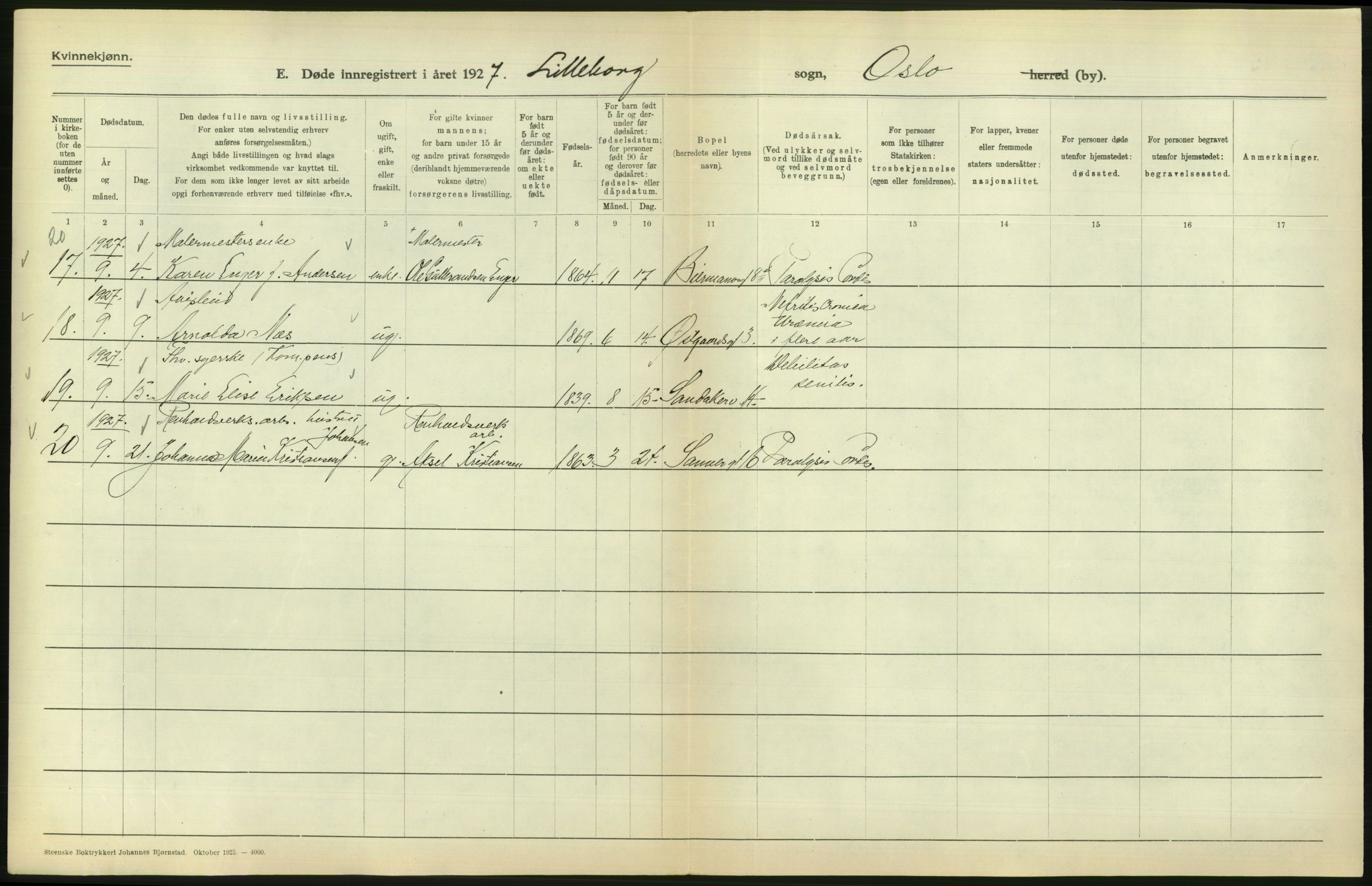 Statistisk sentralbyrå, Sosiodemografiske emner, Befolkning, AV/RA-S-2228/D/Df/Dfc/Dfcg/L0010: Oslo: Døde kvinner, dødfødte, 1927, s. 744