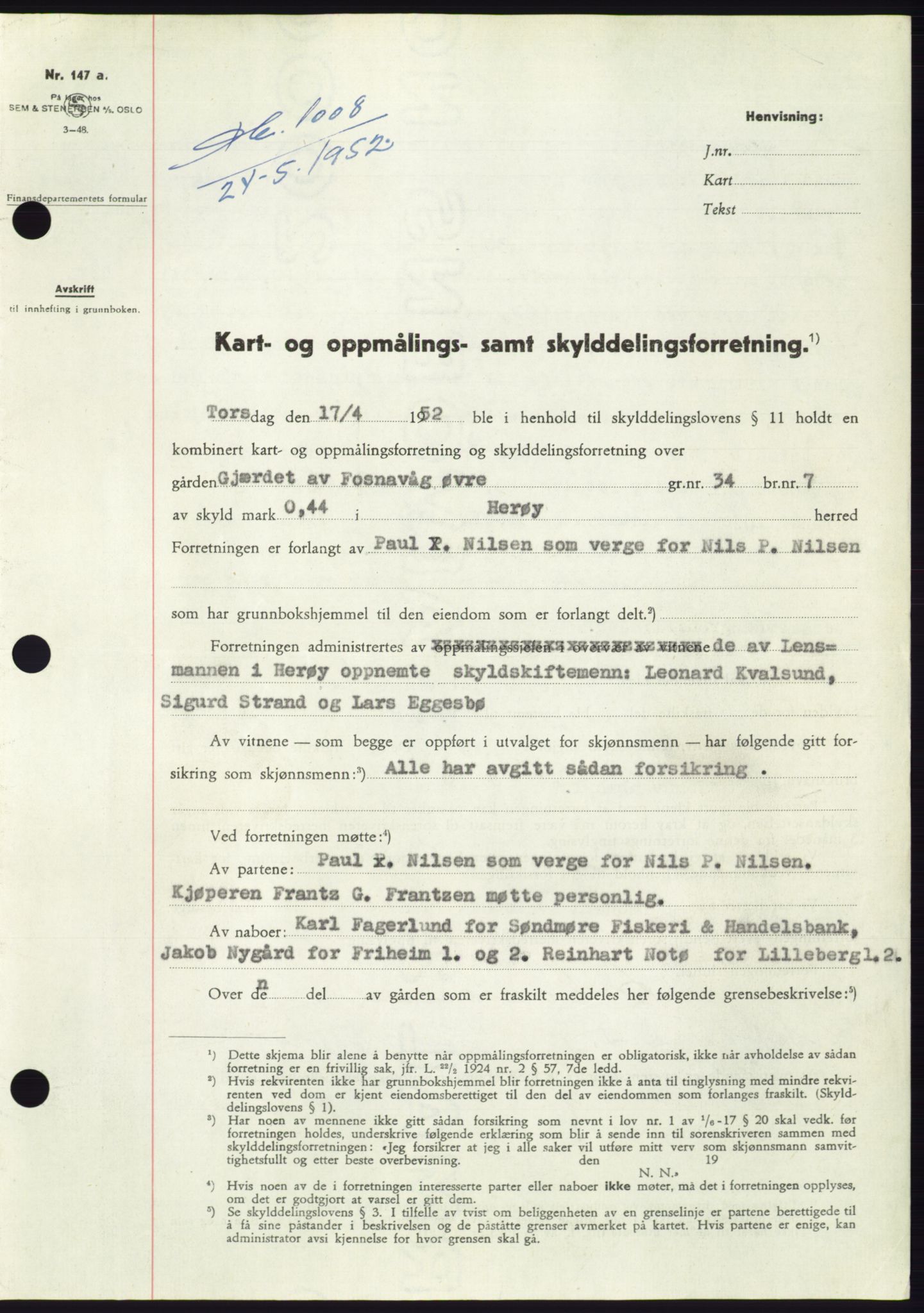 Søre Sunnmøre sorenskriveri, AV/SAT-A-4122/1/2/2C/L0092: Pantebok nr. 18A, 1952-1952, Dagboknr: 1008/1952