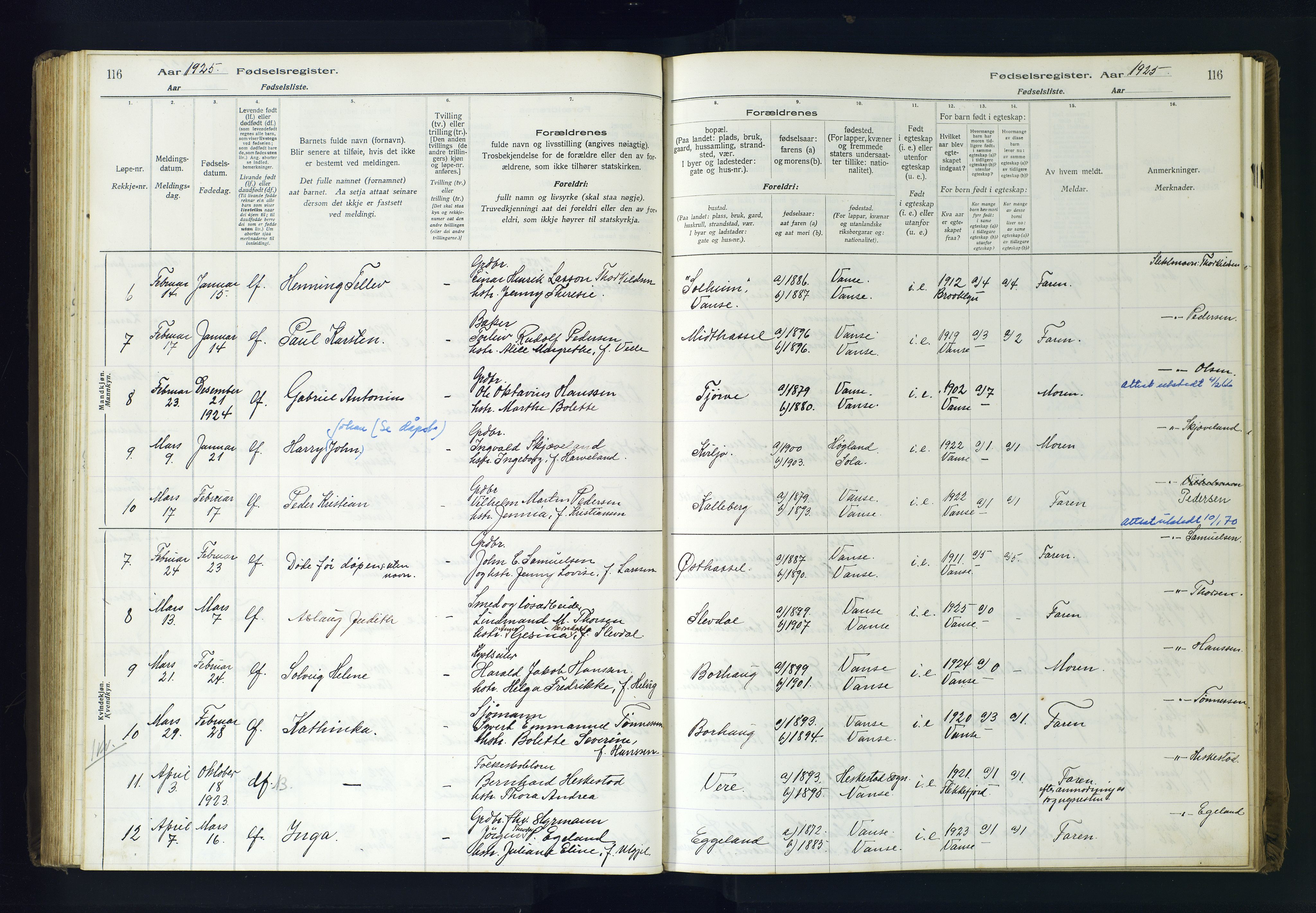 Lista sokneprestkontor, AV/SAK-1111-0027/J/Ja/L0001: Fødselsregister nr. A-VI-30, 1916-1934, s. 116