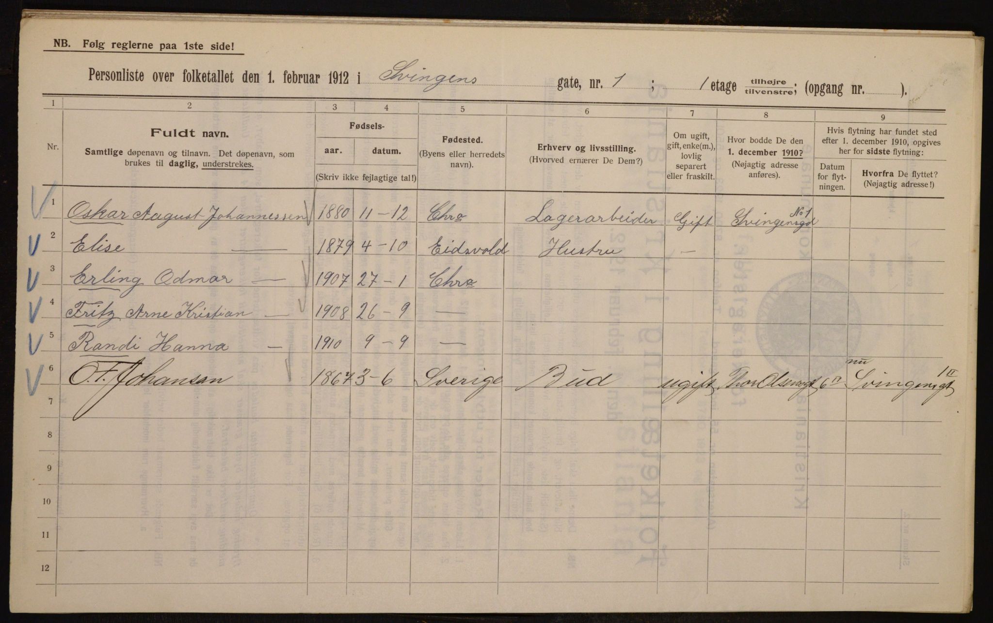 OBA, Kommunal folketelling 1.2.1912 for Kristiania, 1912, s. 106137