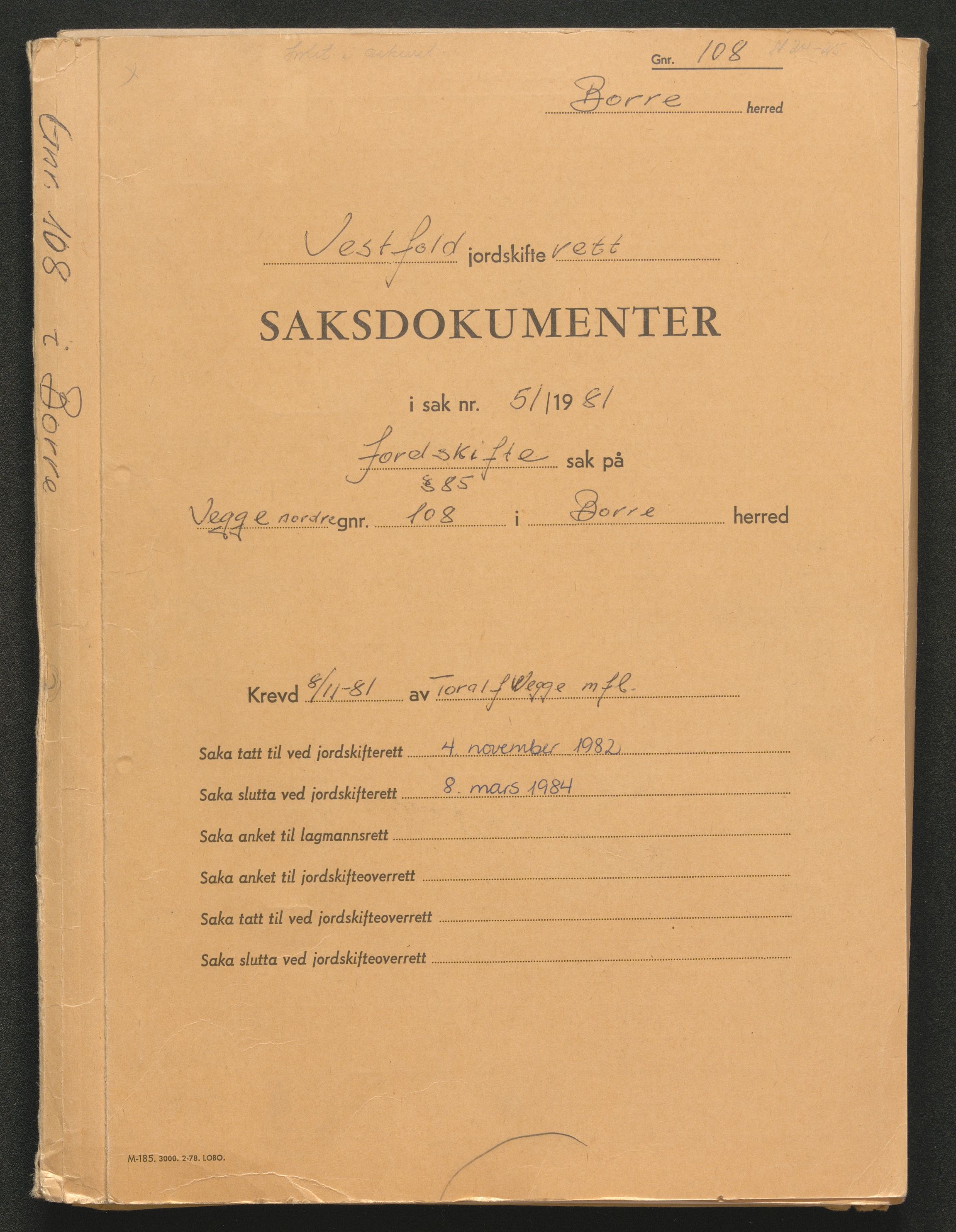 Vestfold jordskifterett, AV/SAKO-A-1152/G/Gb/L0021/0003: Horten, gnr. 72-108 / Gårdsnr. 108: Sak 0700-1981-0051, 1982-1984, s. 1