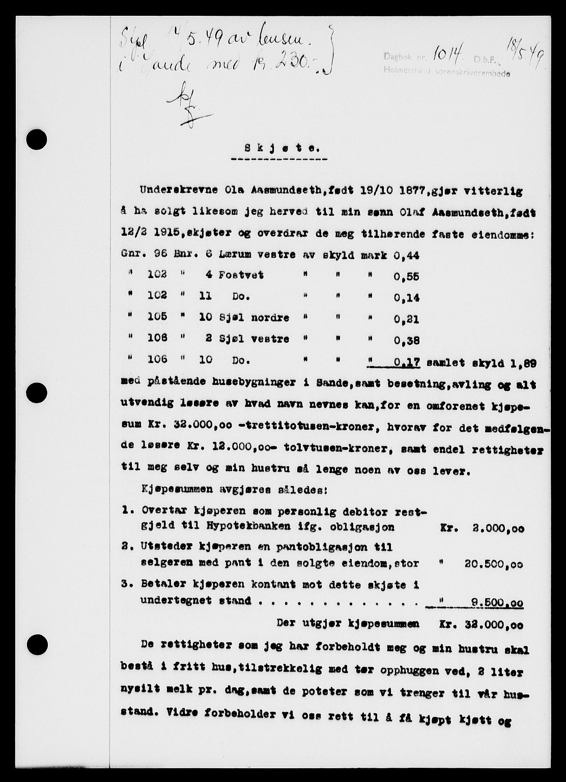 Holmestrand sorenskriveri, SAKO/A-67/G/Ga/Gaa/L0066: Pantebok nr. A-66, 1949-1949, Dagboknr: 1014/1949
