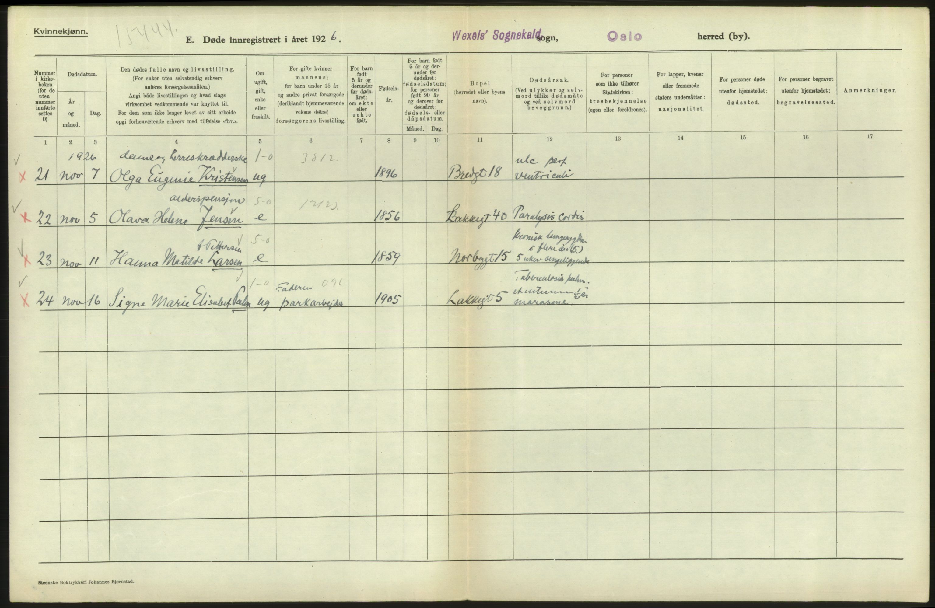 Statistisk sentralbyrå, Sosiodemografiske emner, Befolkning, RA/S-2228/D/Df/Dfc/Dfcf/L0010: Oslo: Døde kvinner, dødfødte, 1926, s. 530