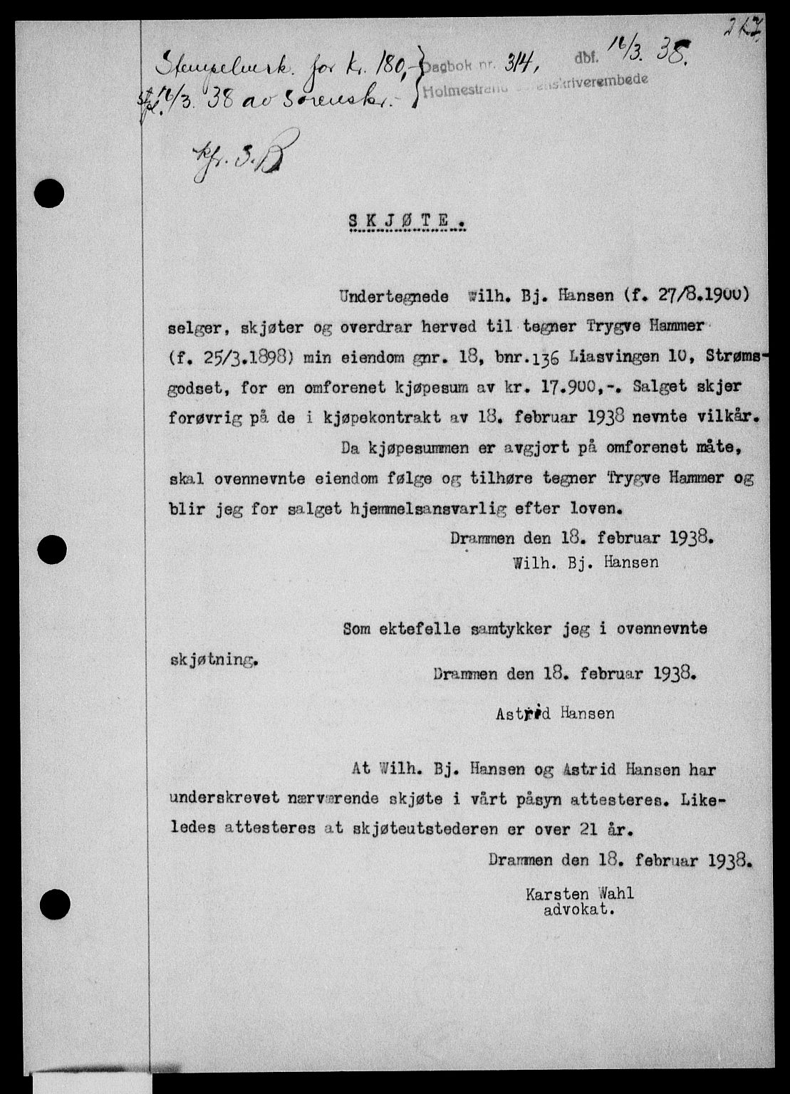 Holmestrand sorenskriveri, SAKO/A-67/G/Ga/Gaa/L0049: Pantebok nr. A-49, 1937-1938, Dagboknr: 314/1938