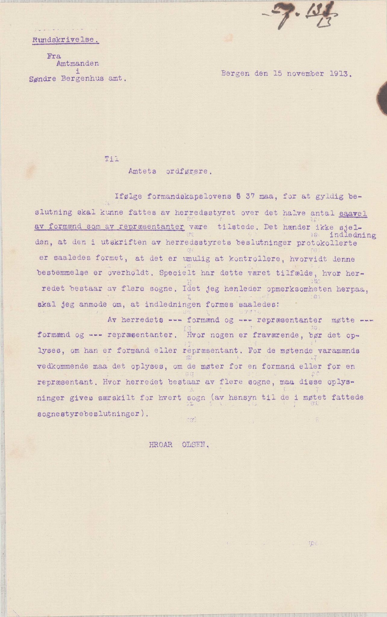 Finnaas kommune. Formannskapet, IKAH/1218a-021/D/Da/L0001/0012: Korrespondanse / saker / Kronologisk ordna korrespondanse , 1913, s. 16