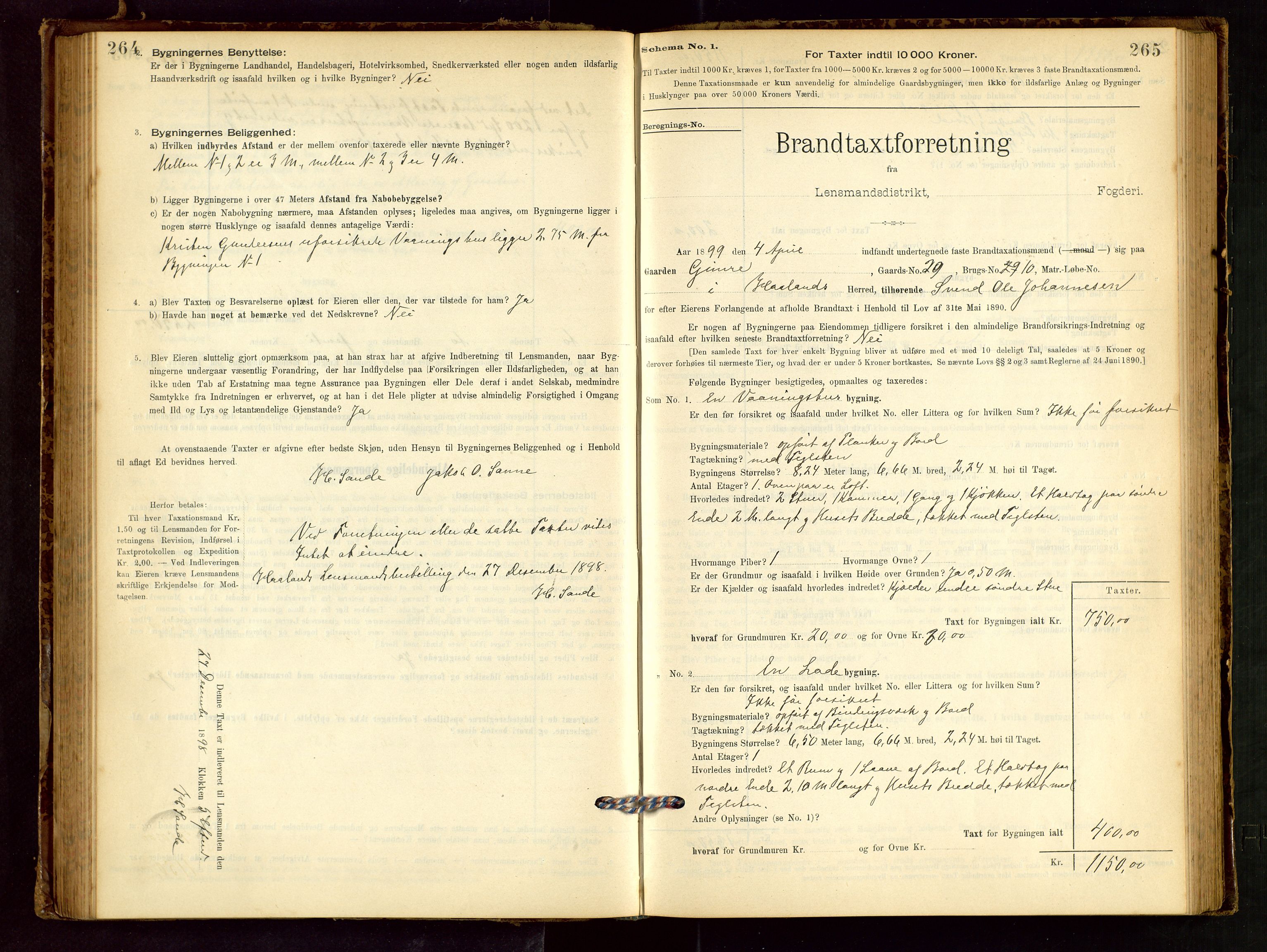 Håland lensmannskontor, SAST/A-100100/Gob/L0001: Branntakstprotokoll - skjematakst. Register i boken., 1894-1902, s. 264-265