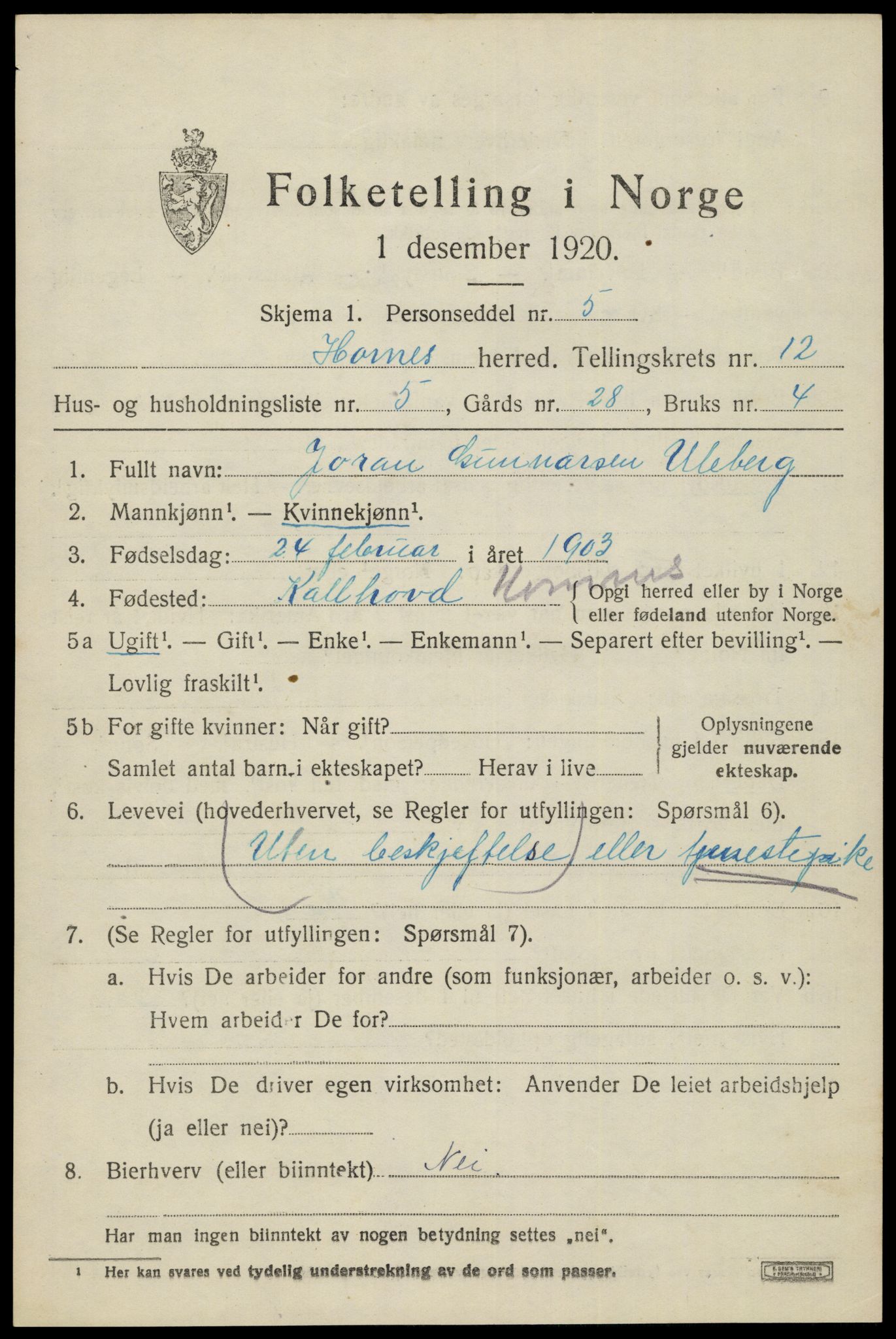 SAK, Folketelling 1920 for 0936 Hornnes herred, 1920, s. 2927
