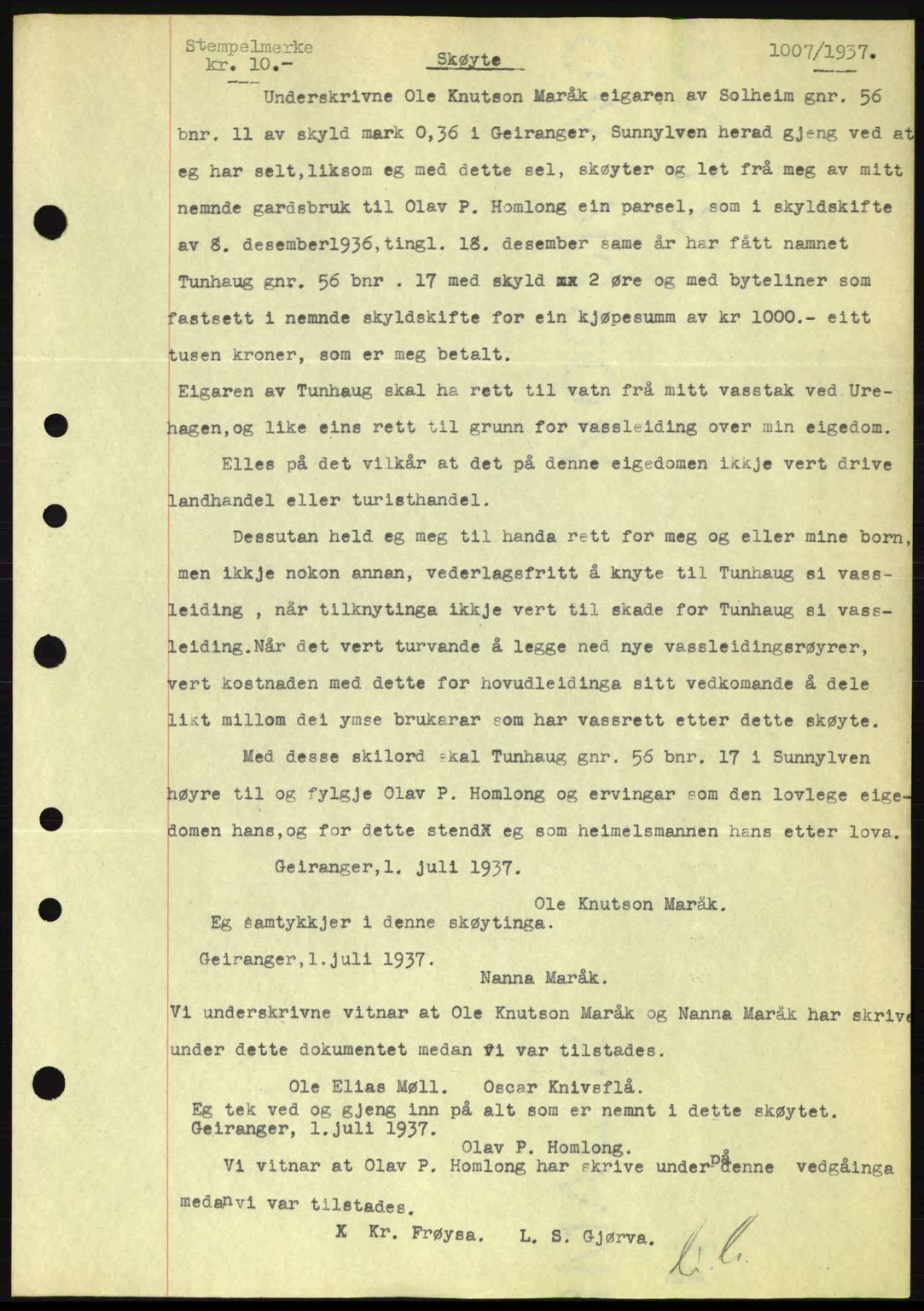 Nordre Sunnmøre sorenskriveri, SAT/A-0006/1/2/2C/2Ca: Pantebok nr. A3, 1937-1937, Dagboknr: 1007/1937