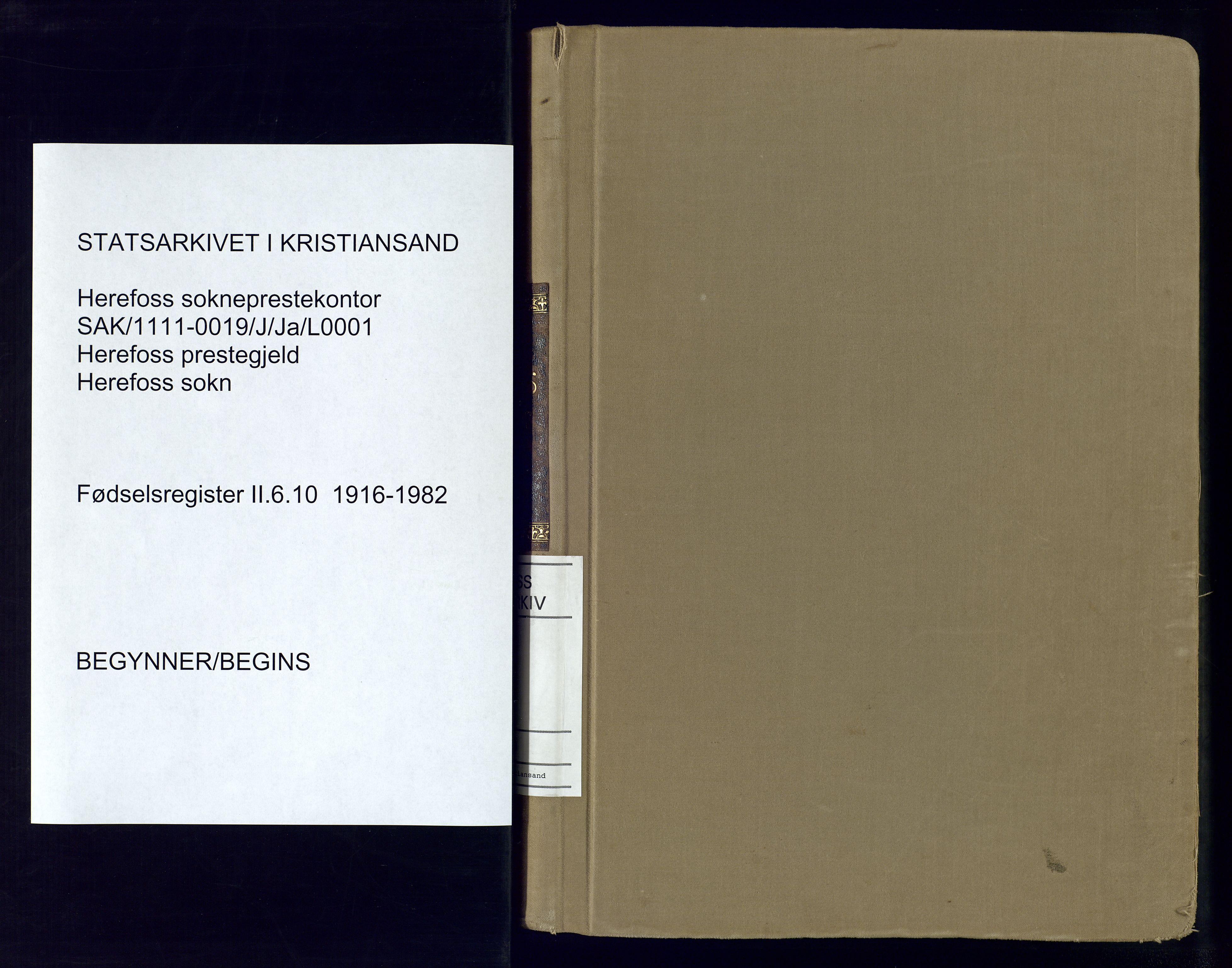 Herefoss sokneprestkontor, SAK/1111-0019/J/Ja/L0001: Fødselsregister nr. II.6.10, 1916-1982