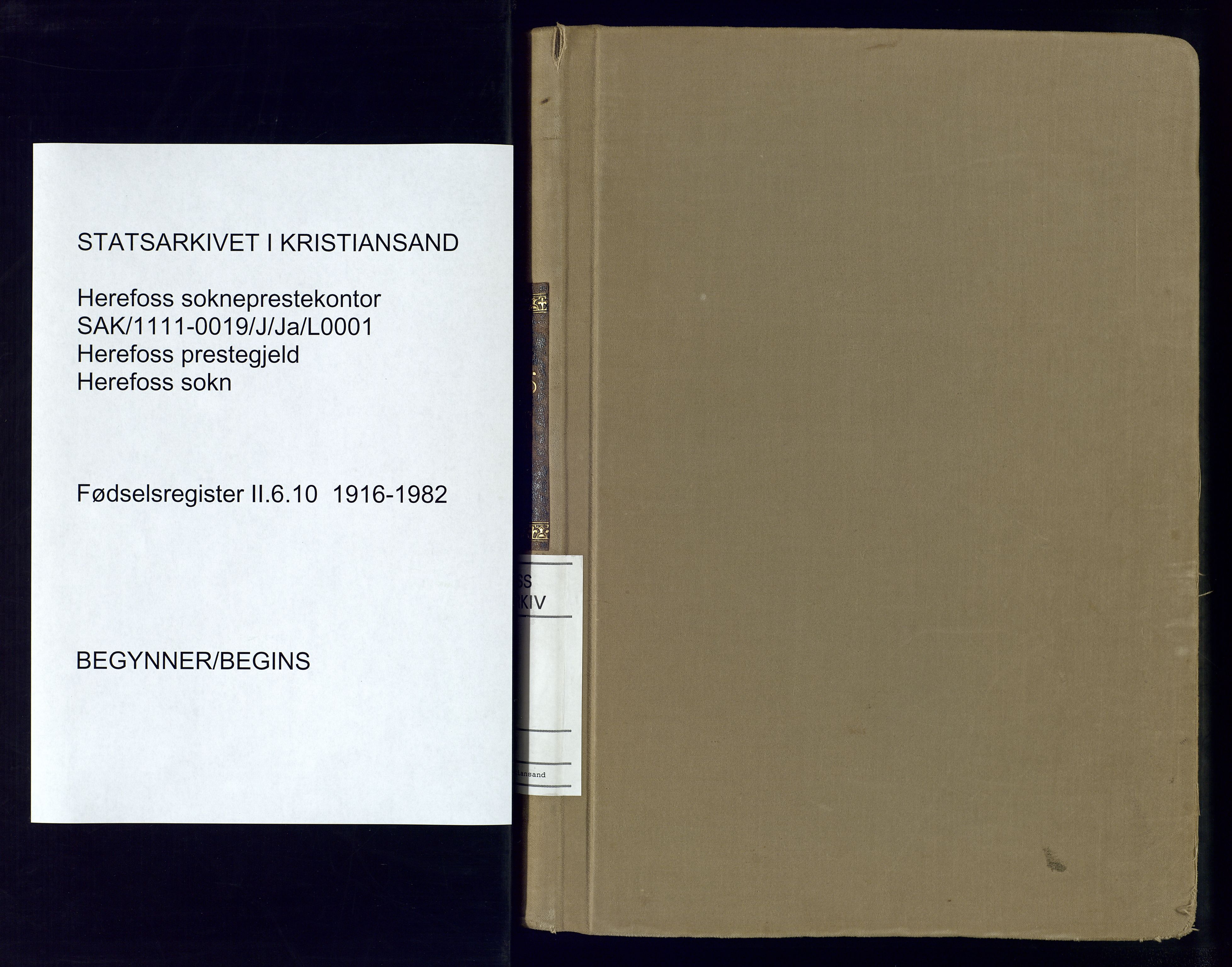 Herefoss sokneprestkontor, AV/SAK-1111-0019/J/Ja/L0001: Fødselsregister nr. II.6.10, 1916-1982