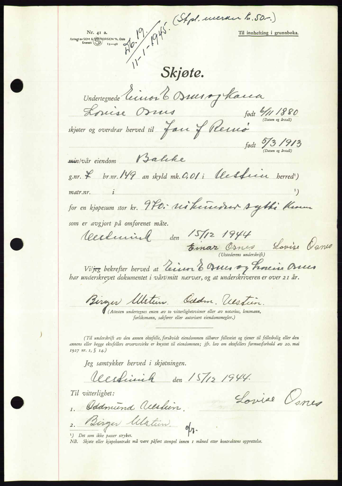 Søre Sunnmøre sorenskriveri, AV/SAT-A-4122/1/2/2C/L0077: Pantebok nr. 3A, 1945-1946, Dagboknr: 19/1945